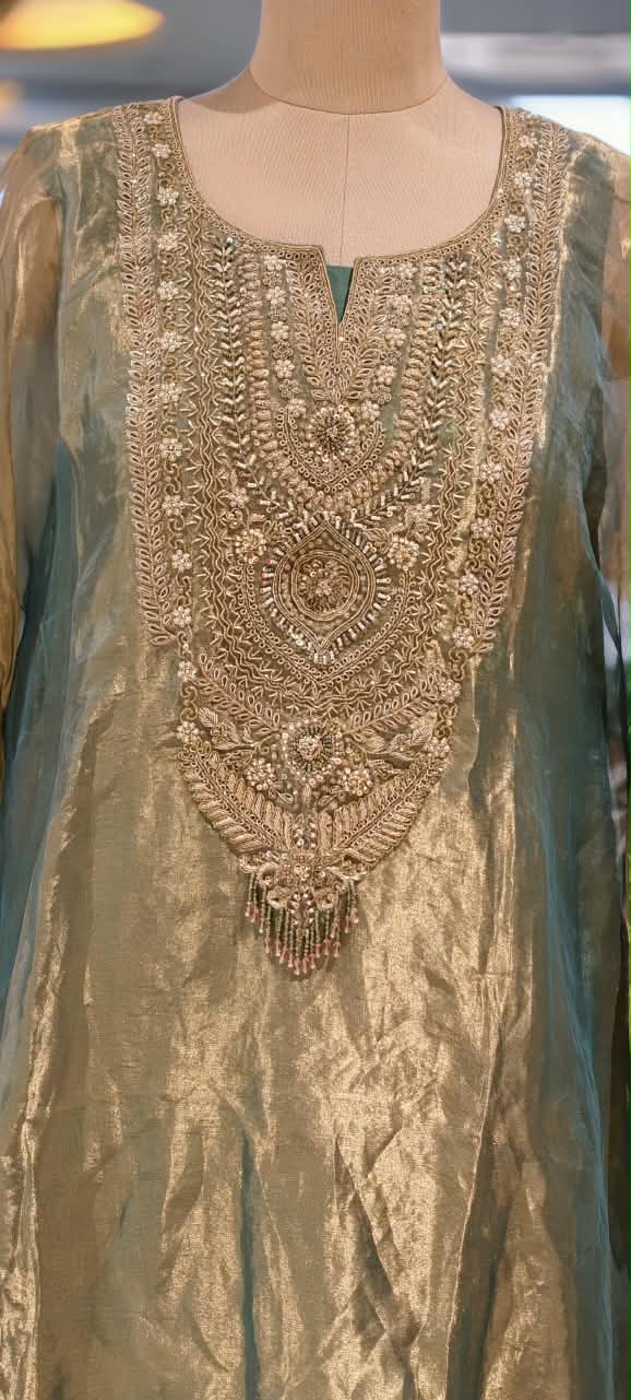 Premium Zari and Pot Pearl Embellished Neckline Pure Tissue Kaftan with Pants Set- 16824