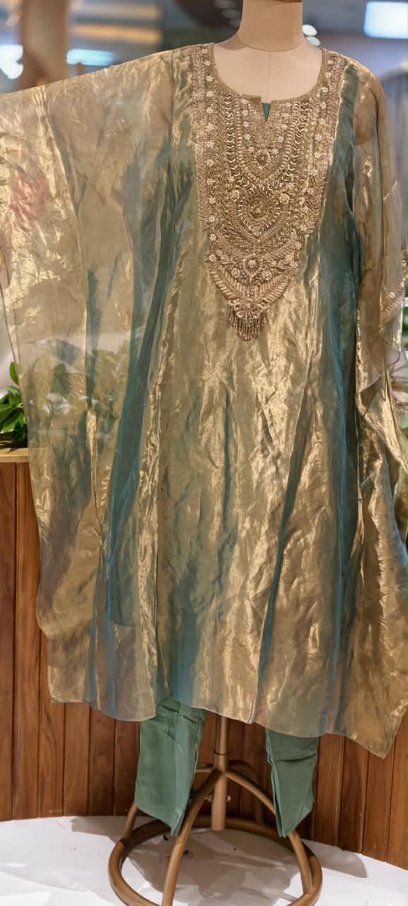Premium Zari and Pot Pearl Embellished Neckline Pure Tissue Kaftan with Pants Set- 16824