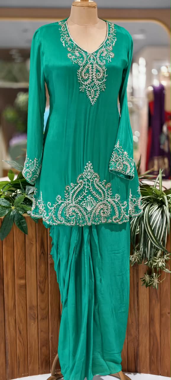 Premium Teal Blue & Emerald Green Embroidered Drape Co-Ord Saree Set with V-Neck Kurti and Intricate Silver Zari Work- 16961