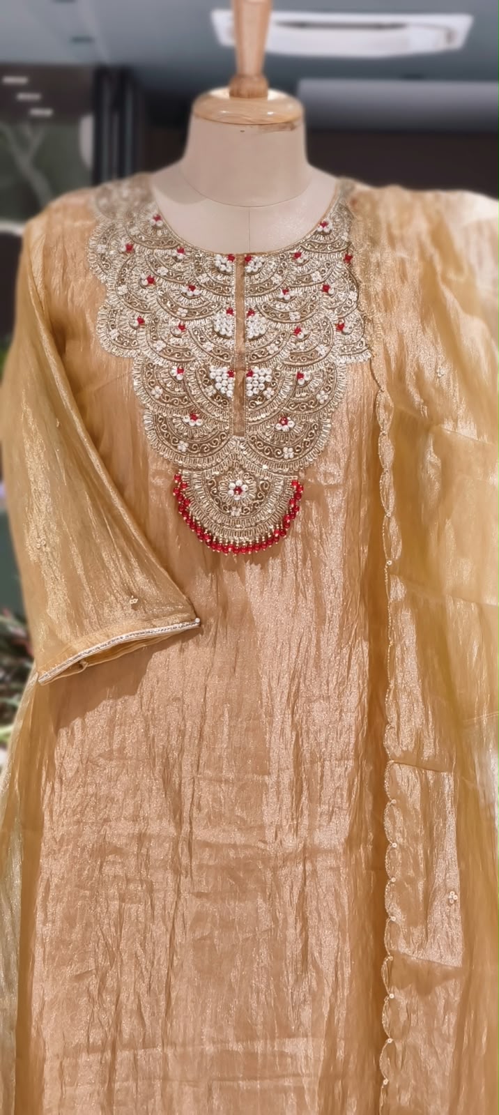 Elegant Golden Tissue Aline Full Suit Set with Intricate Zardozi Beaded Sequin Embroidery- 16944