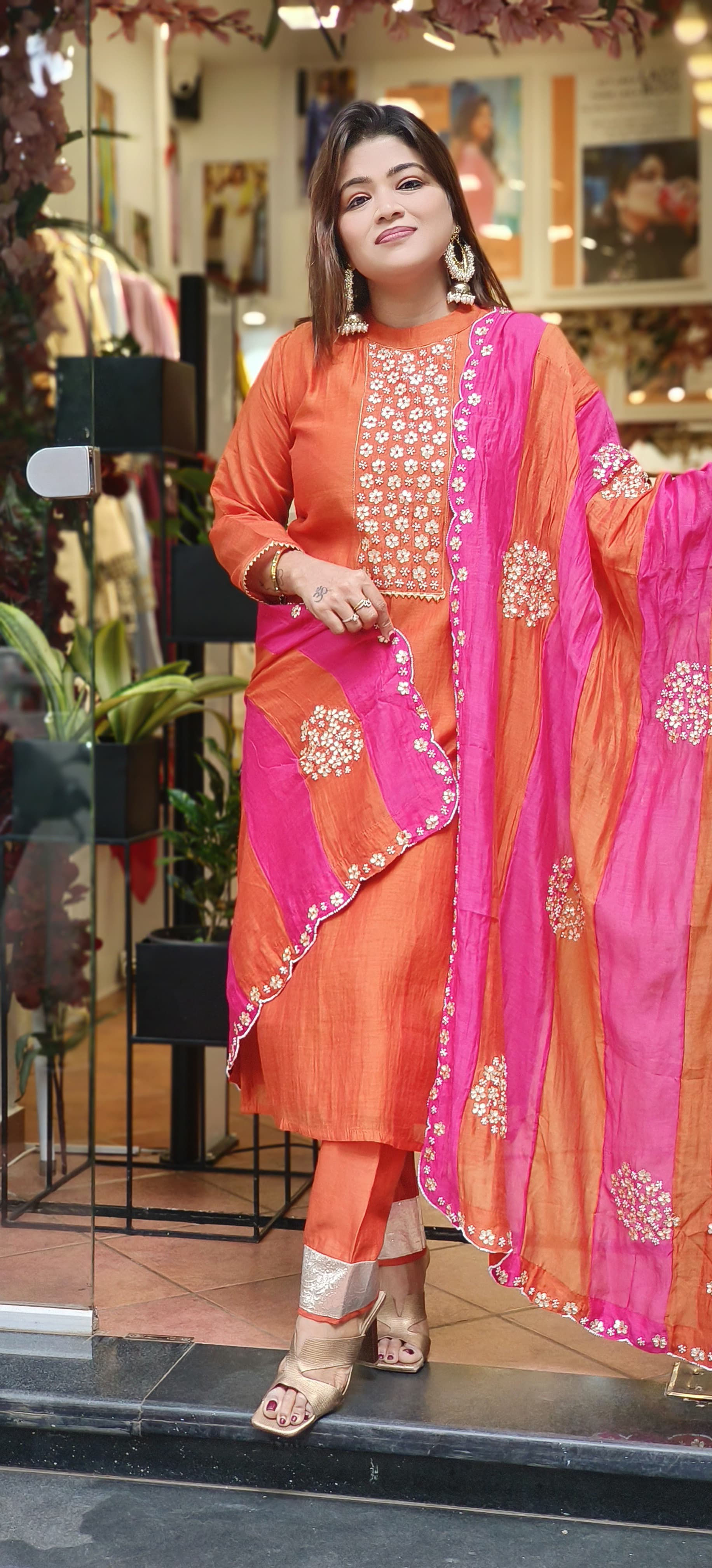 Beautiful Pure Chanderi Pearl Gotta Embroidered Full Suit with Embroidered Scalap Dupatta-06490