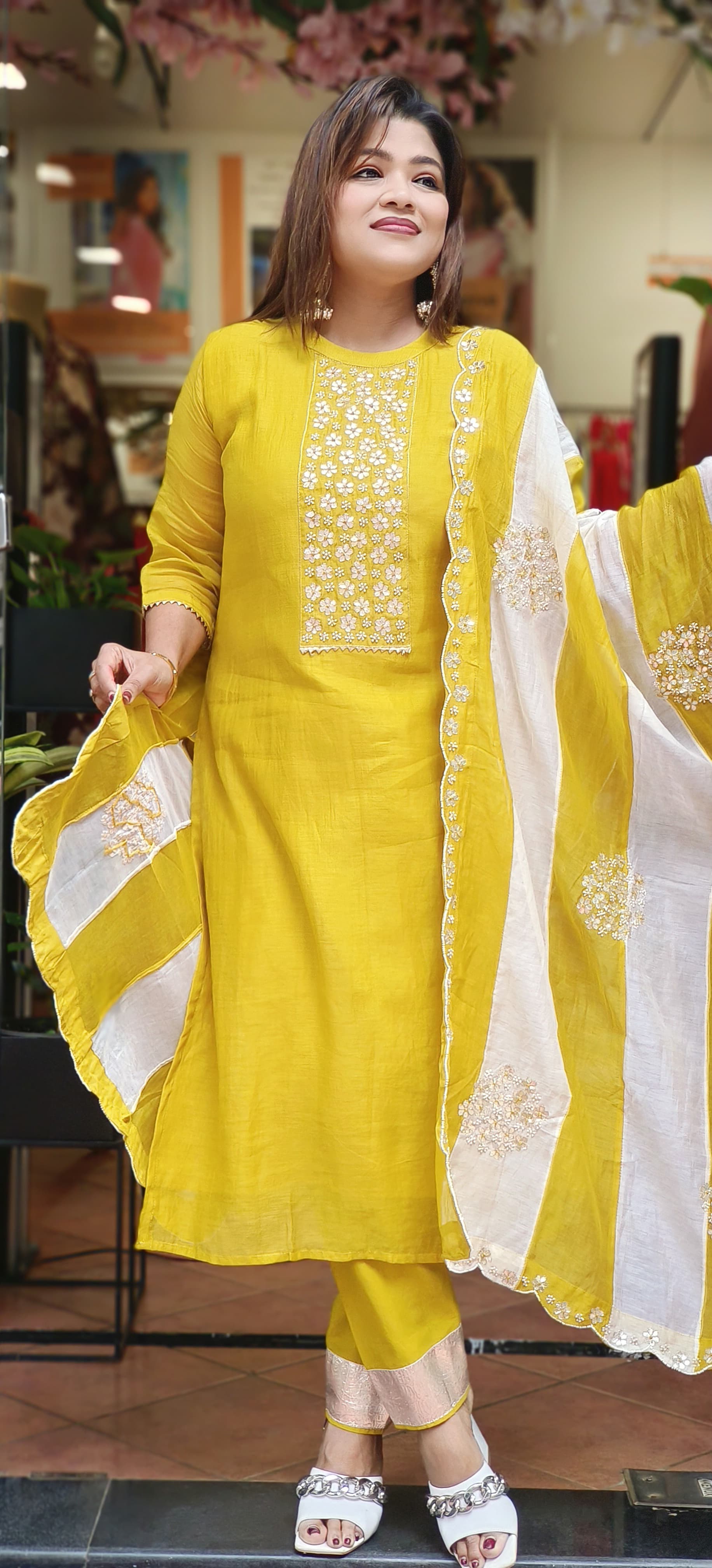 Beautiful Pure Chanderi Pearl Gotta Embroidered Full Suit with Embroidered Scalap Dupatta-06490