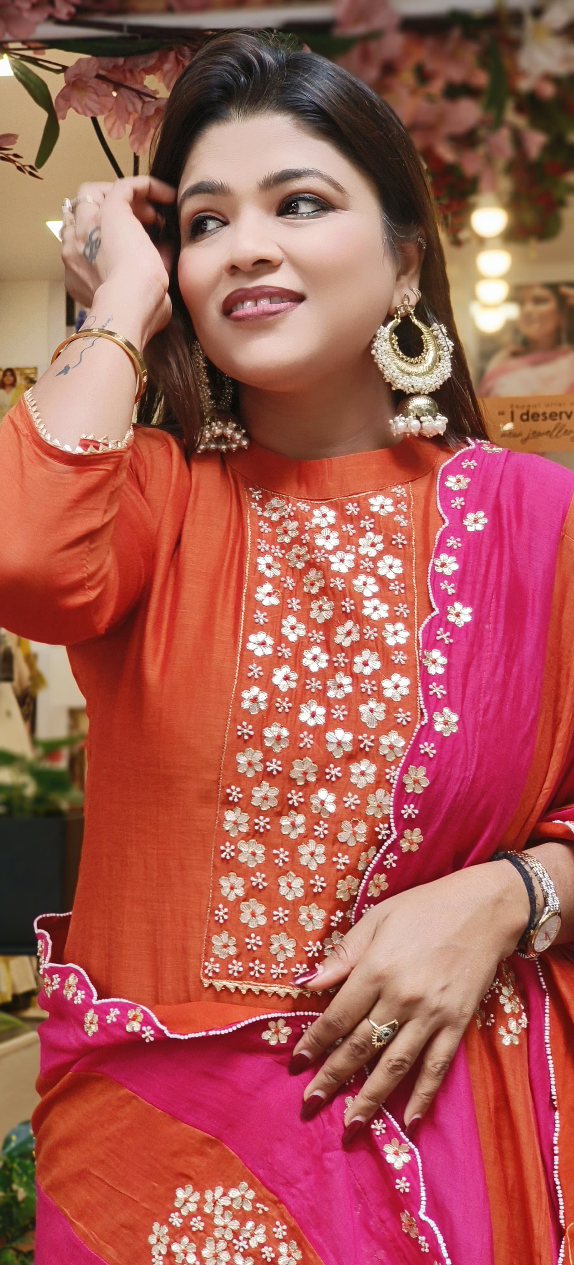 Beautiful Pure Chanderi Pearl Gotta Embroidered Full Suit with Embroidered Scalap Dupatta-06490