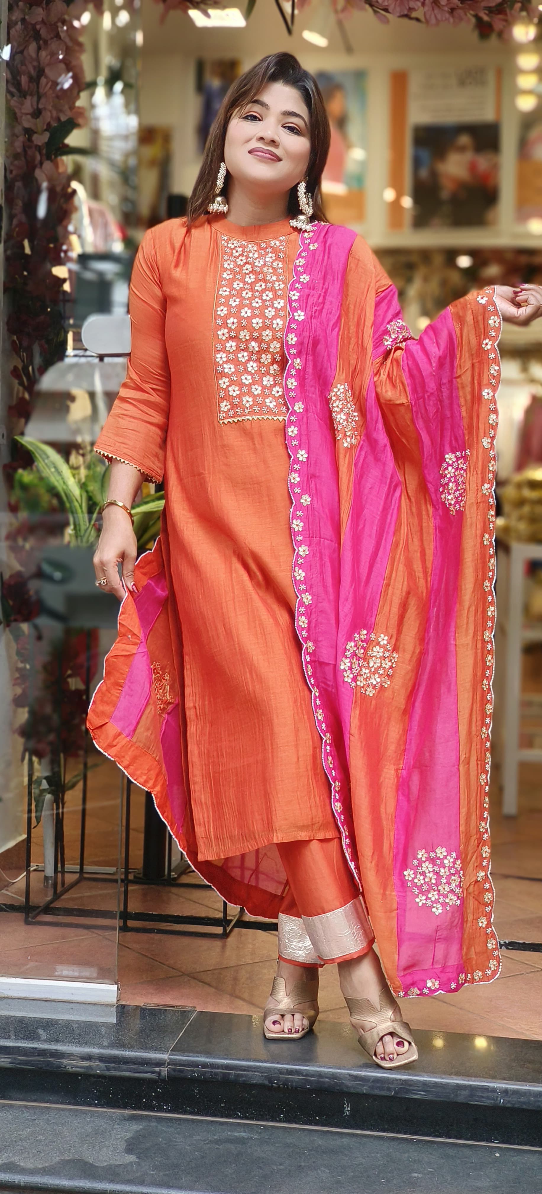 Beautiful Pure Chanderi Pearl Gotta Embroidered Full Suit with Embroidered Scalap Dupatta-06490