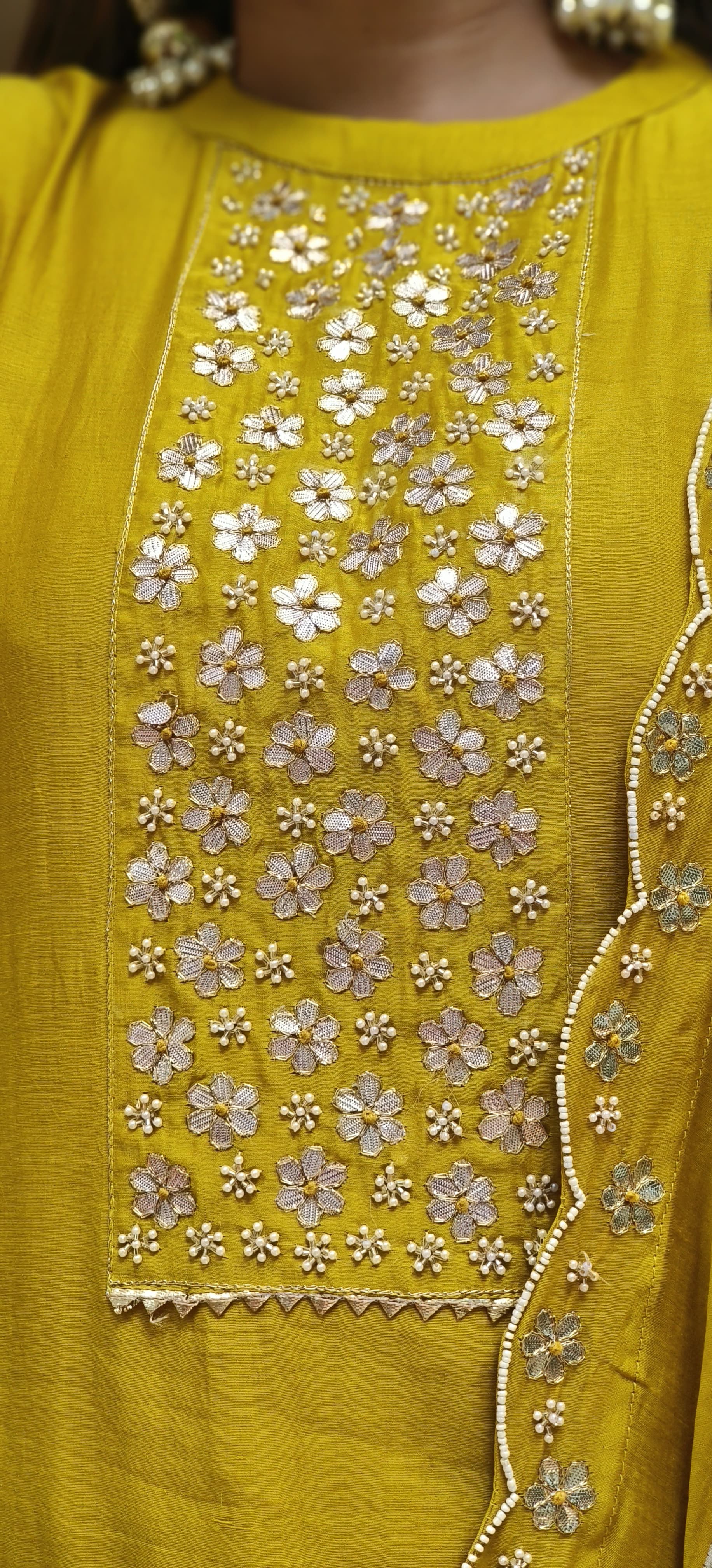 Beautiful Pure Chanderi Pearl Gotta Embroidered Full Suit with Embroidered Scalap Dupatta-06490