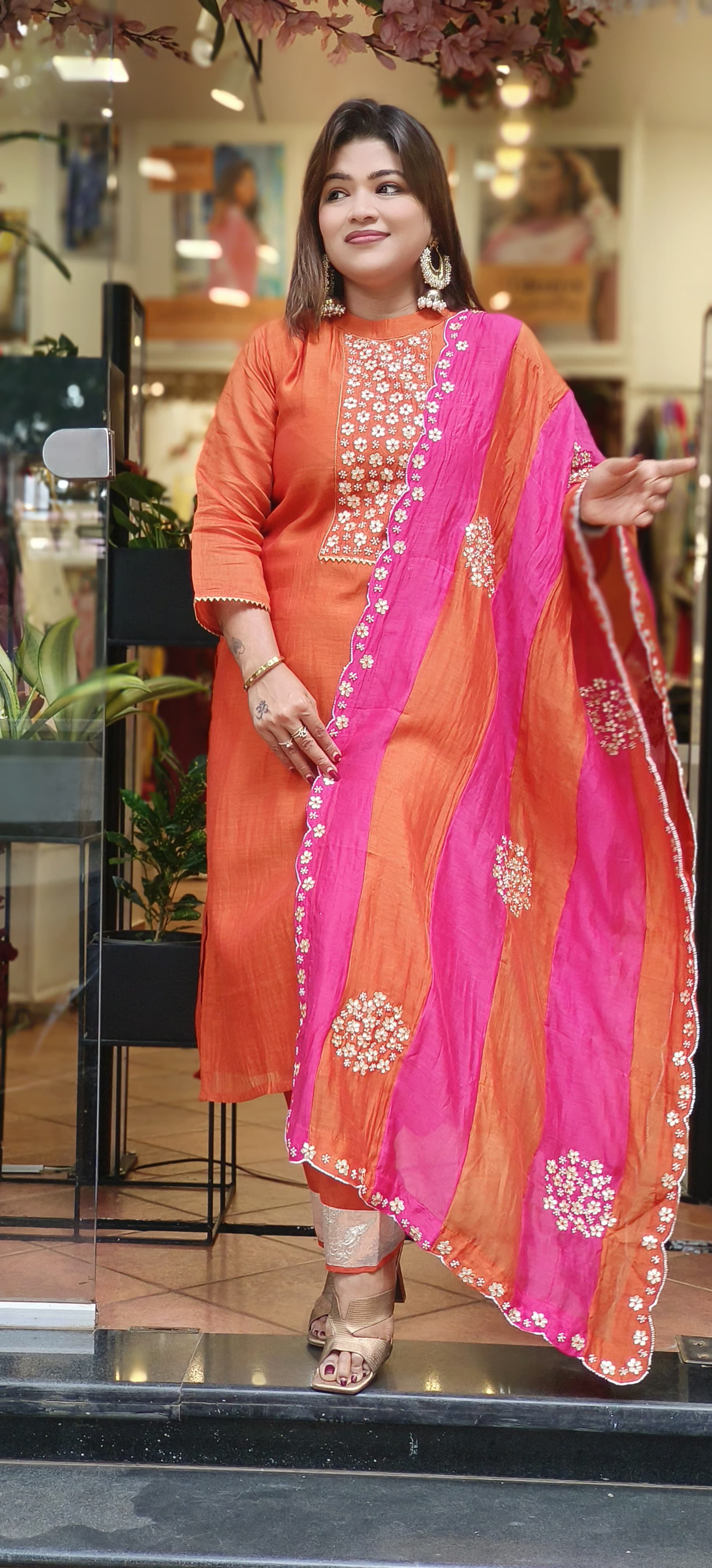 Beautiful Pure Chanderi Pearl Gotta Embroidered Full Suit with Embroidered Scalap Dupatta-06490