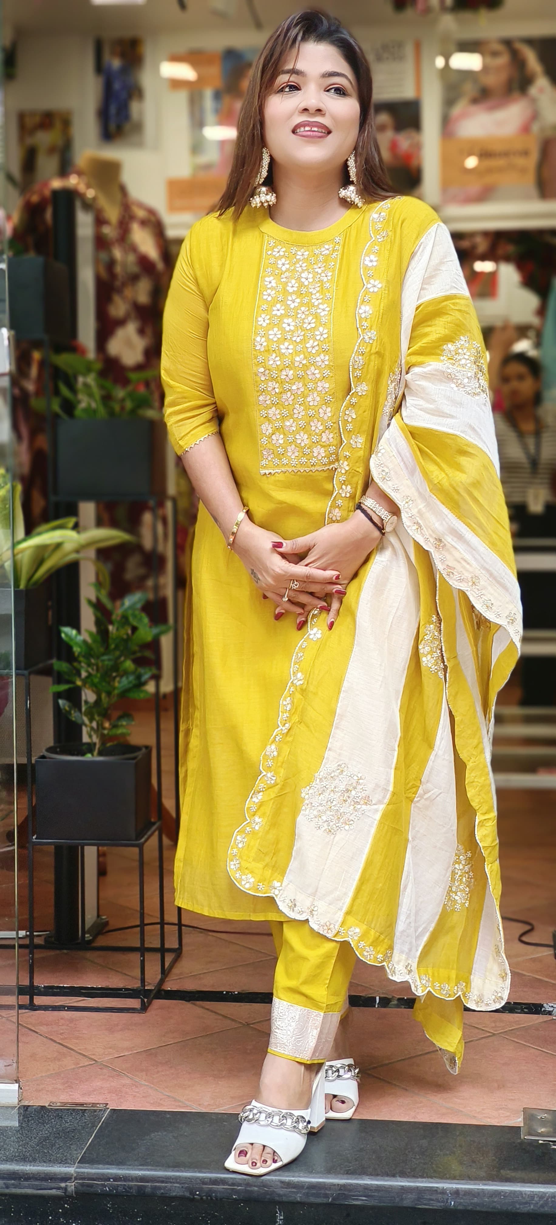 Beautiful Pure Chanderi Pearl Gotta Embroidered Full Suit with Embroidered Scalap Dupatta-06490