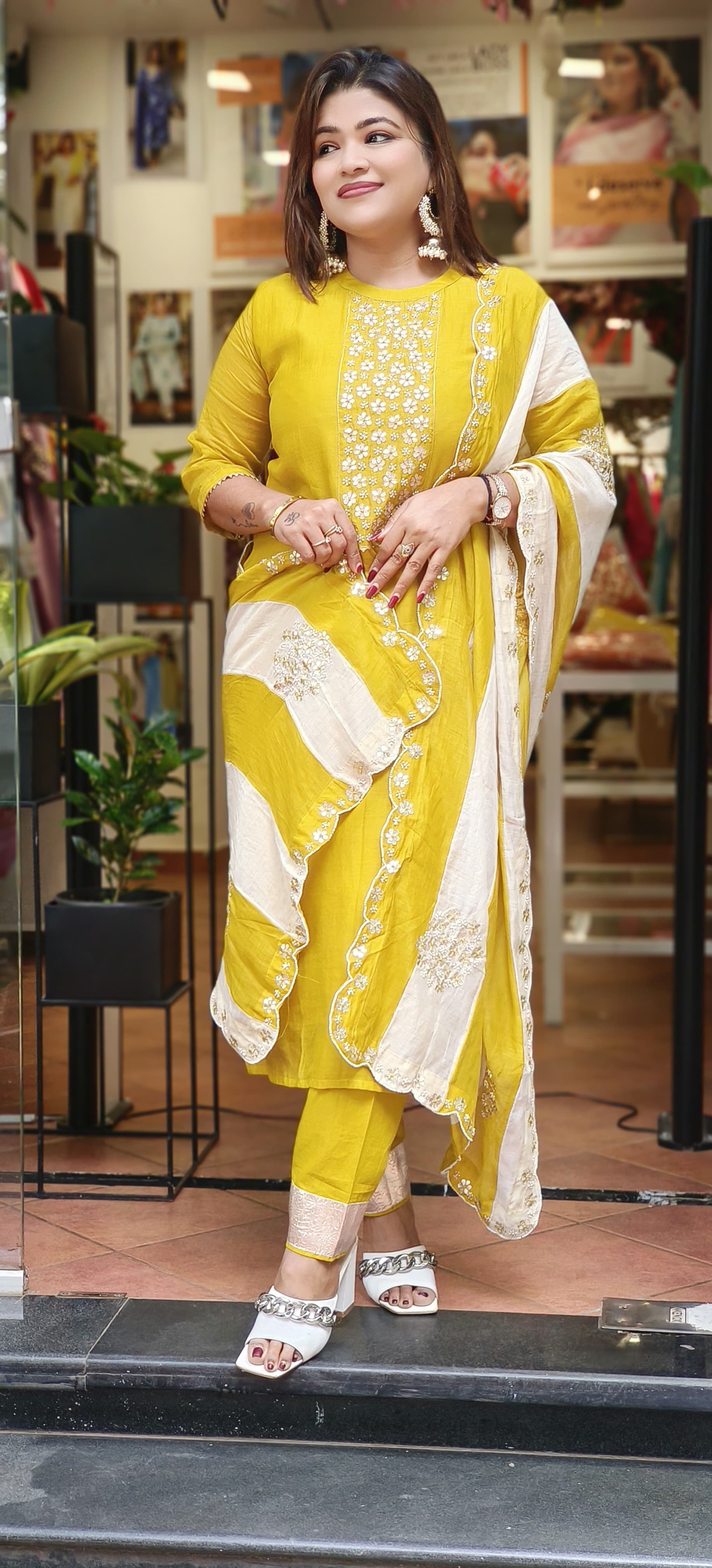 Beautiful Pure Chanderi Pearl Gotta Embroidered Full Suit with Embroidered Scalap Dupatta-06490