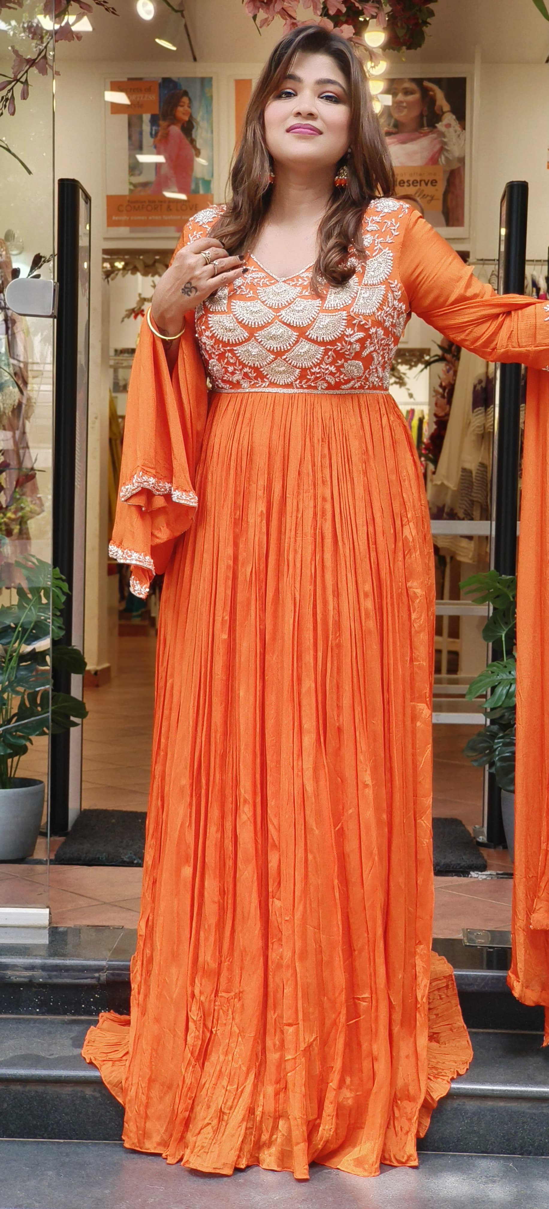 Elegant Chinon Maxi Dress with Intricate Embroidery
