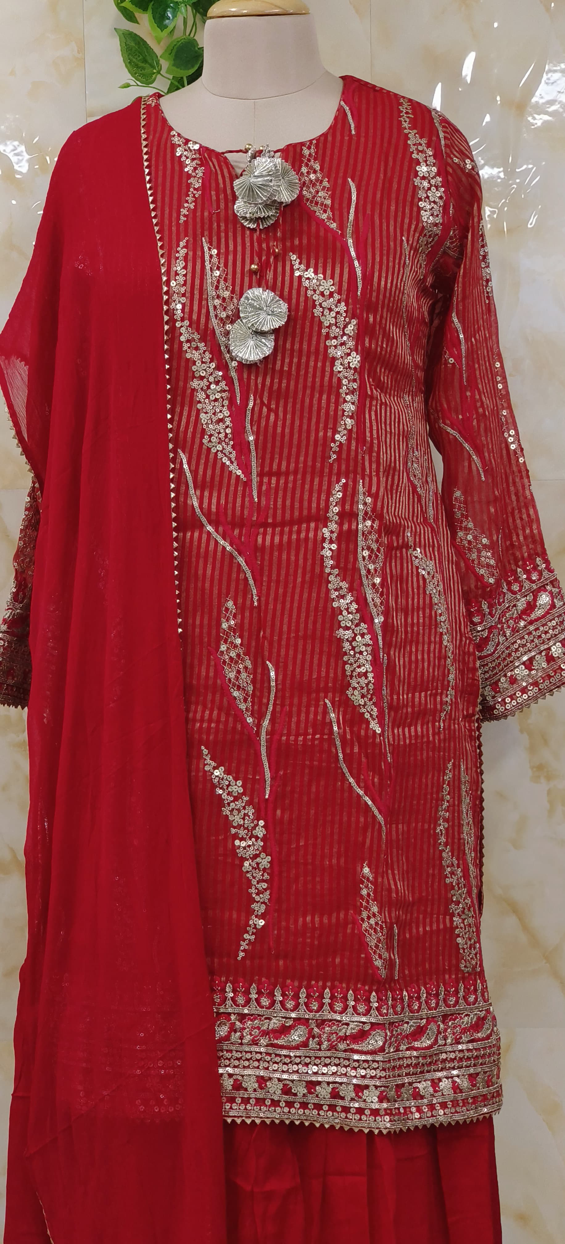 Shimmer Crush Tissue Stylish party wear embroidered top with chinon palazzo (set of 2) DRYWASH