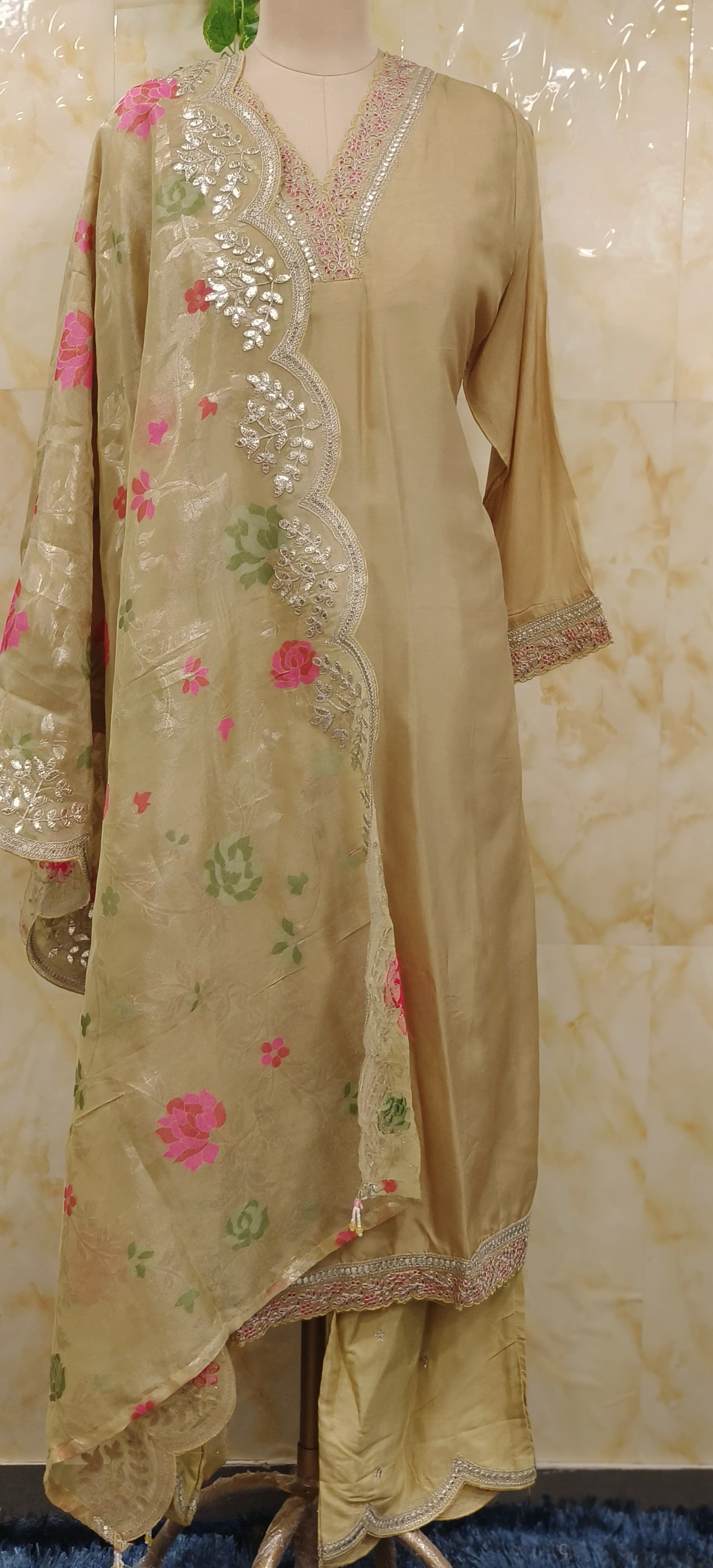 Beautiful V-Neck Embroidery Full Set with Printed dupatta-07373-74