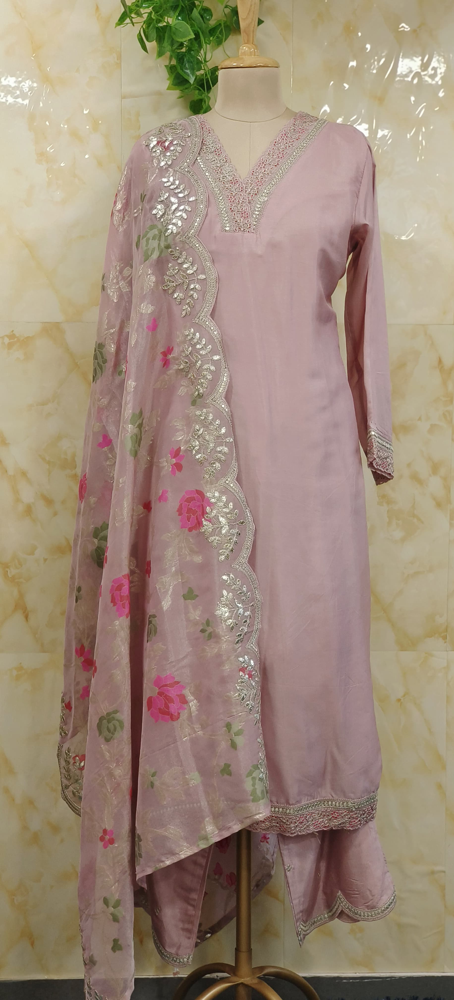 Beautiful V-Neck Embroidery Full Set with Printed dupatta-07373-74