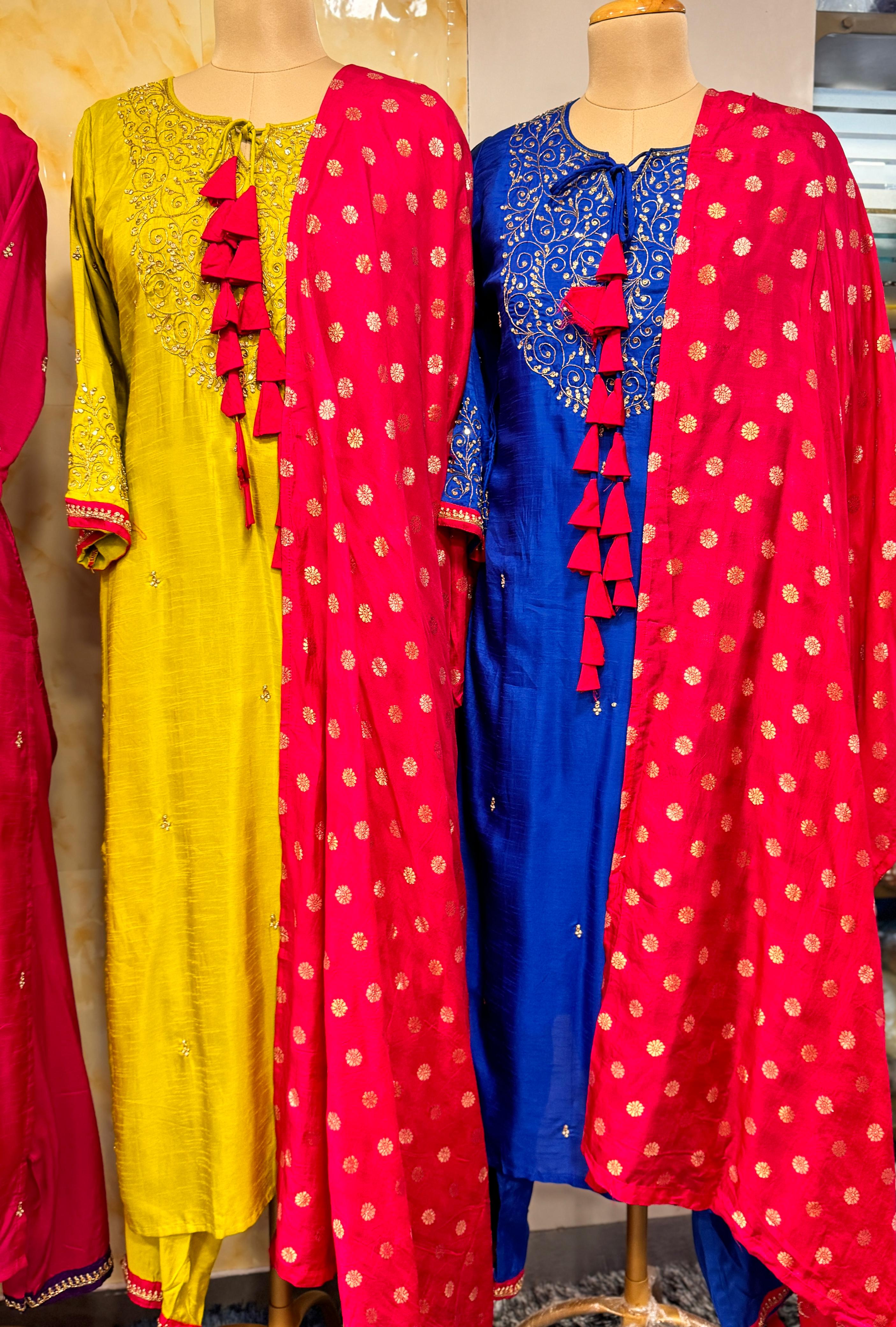 Vibrant Colors Silk Embroidery Full suit with tassel 6651