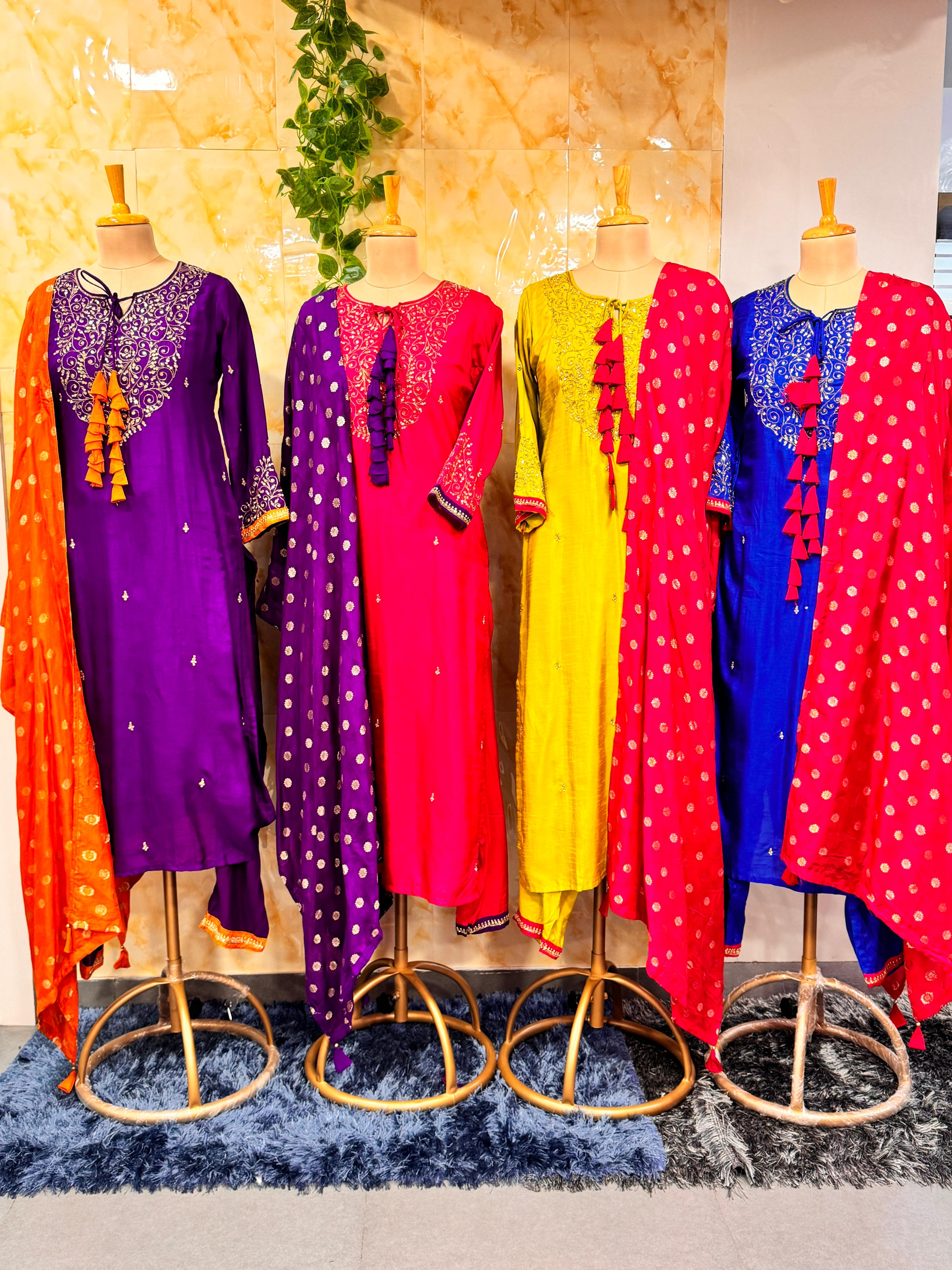 Vibrant Colors Silk Embroidery Full suit with tassel 6651