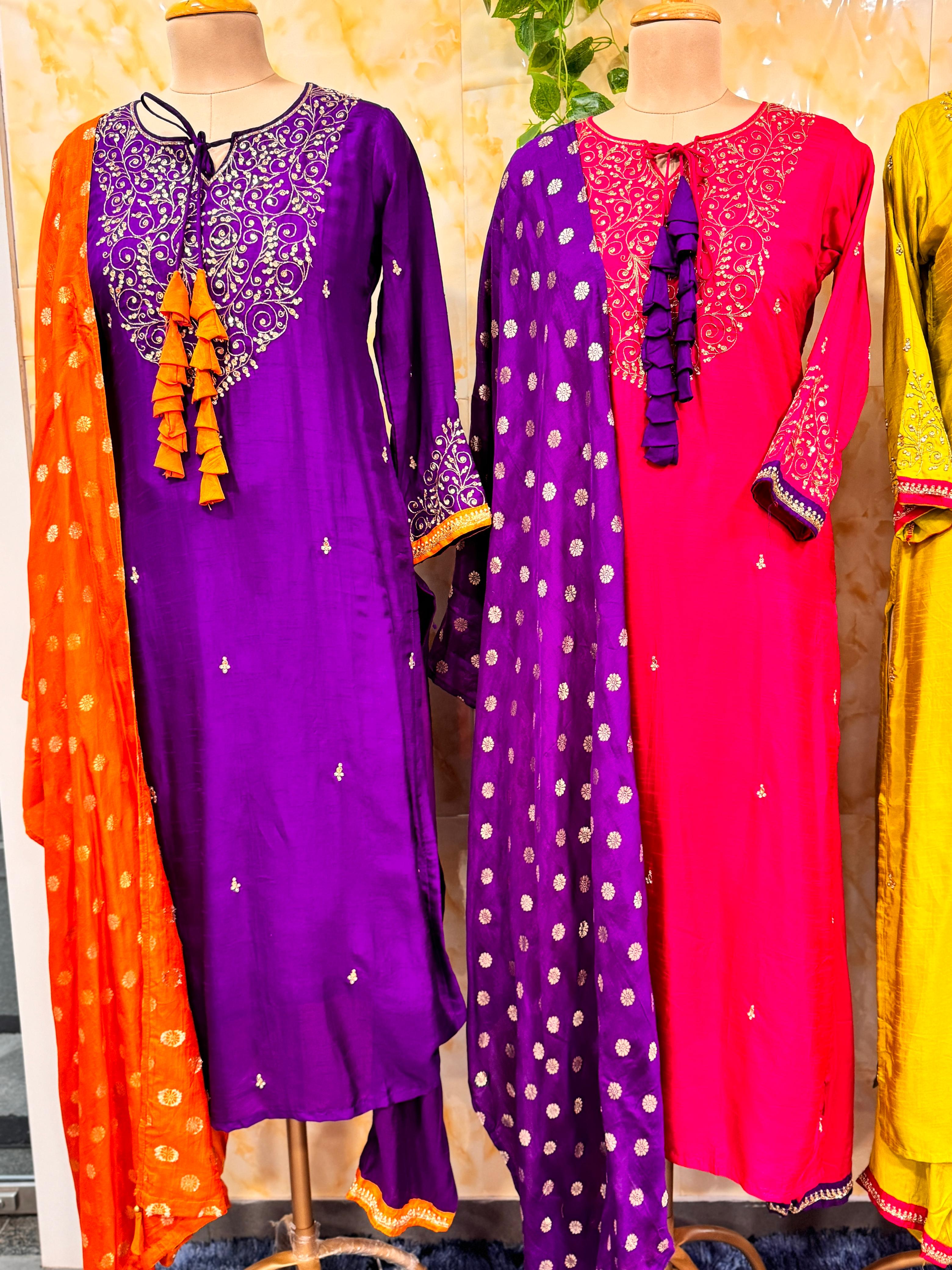 Vibrant Colors Silk Embroidery Full suit with tassel 6651