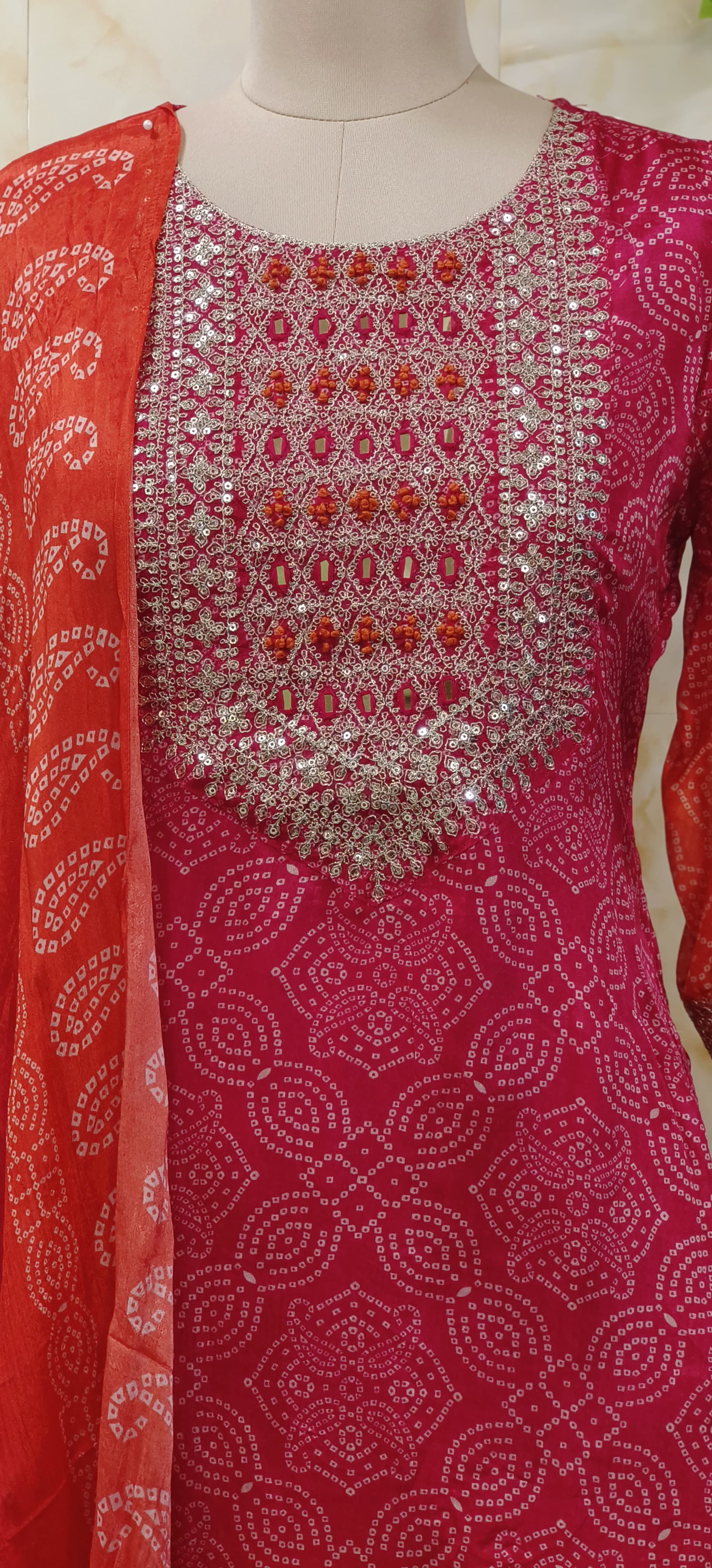 Chinon Bandhani Print Tara Zari Thread Embroidered Full Set-07176