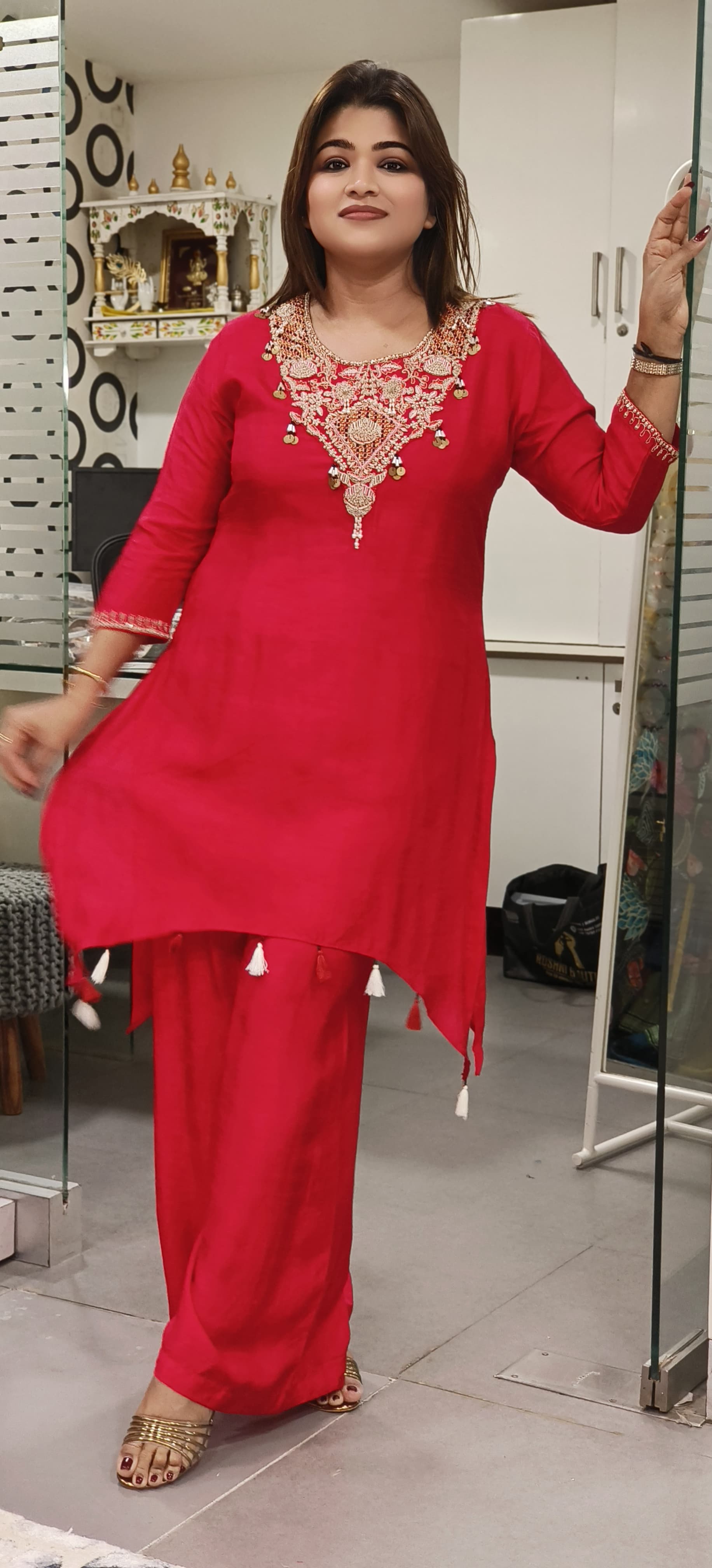Embroidered High Low Silk Kurta With Loose Bottom -07072