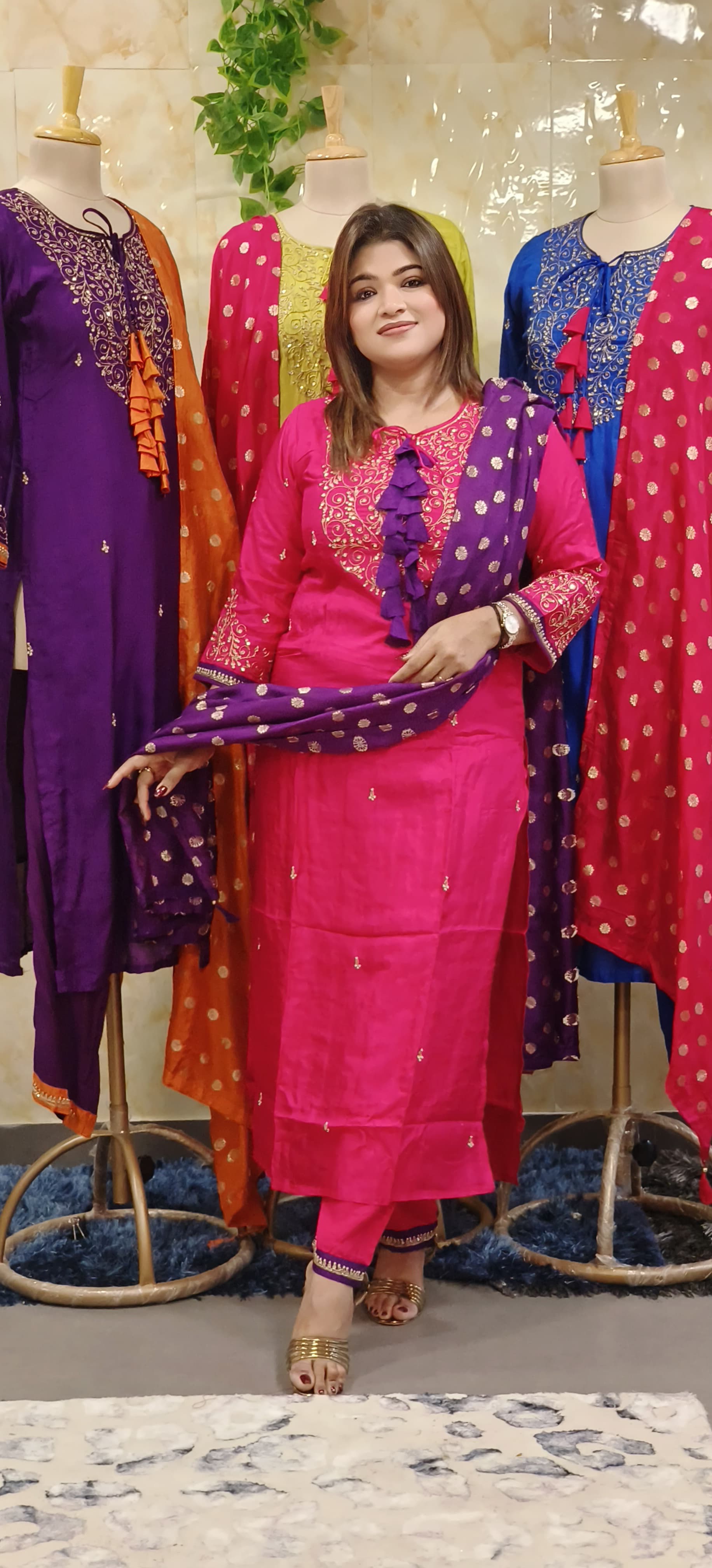 Vibrant Colors Silk Embroidery Full suit with tassel 6651