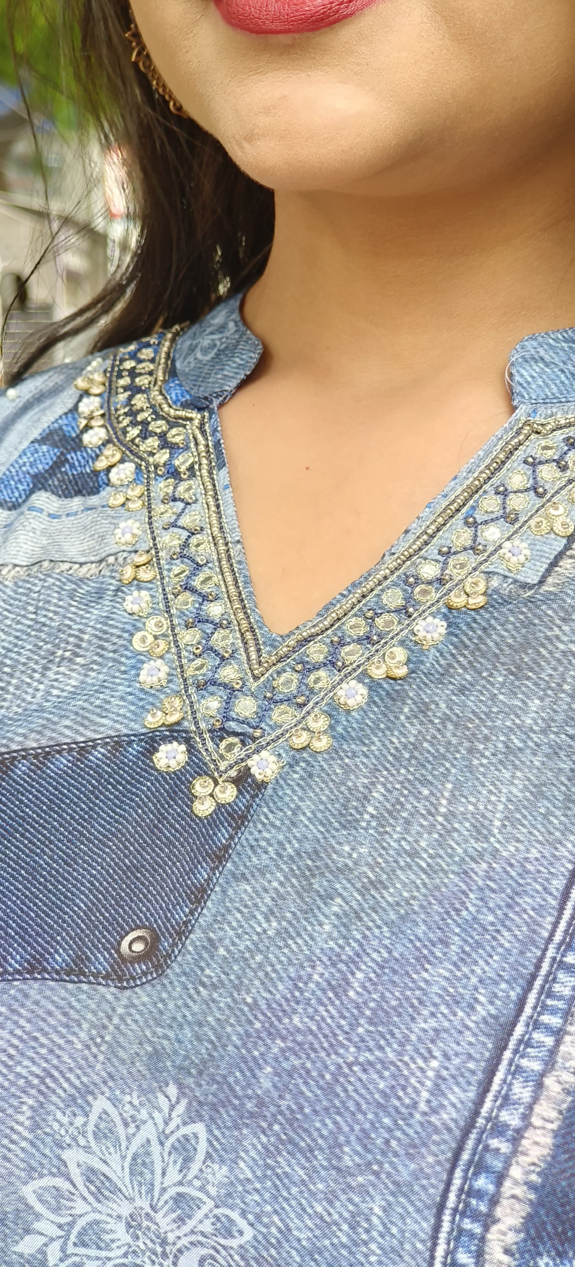 Denim Look Print Muslin Cord set with V-Neck Embroidery-07683-07688