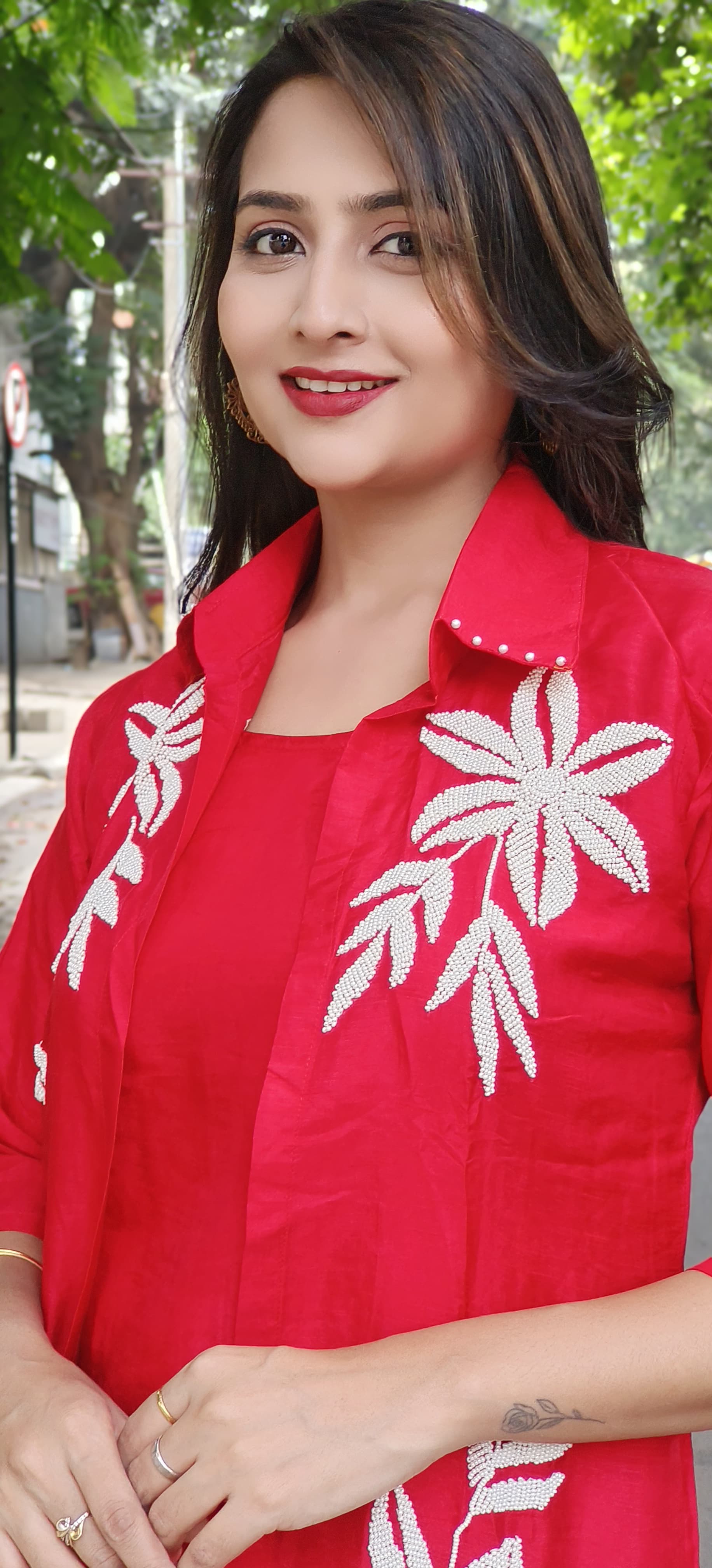 Stylish Pearl Hand Embroidered Silk Three Piece Jacket Inner And Pant Set