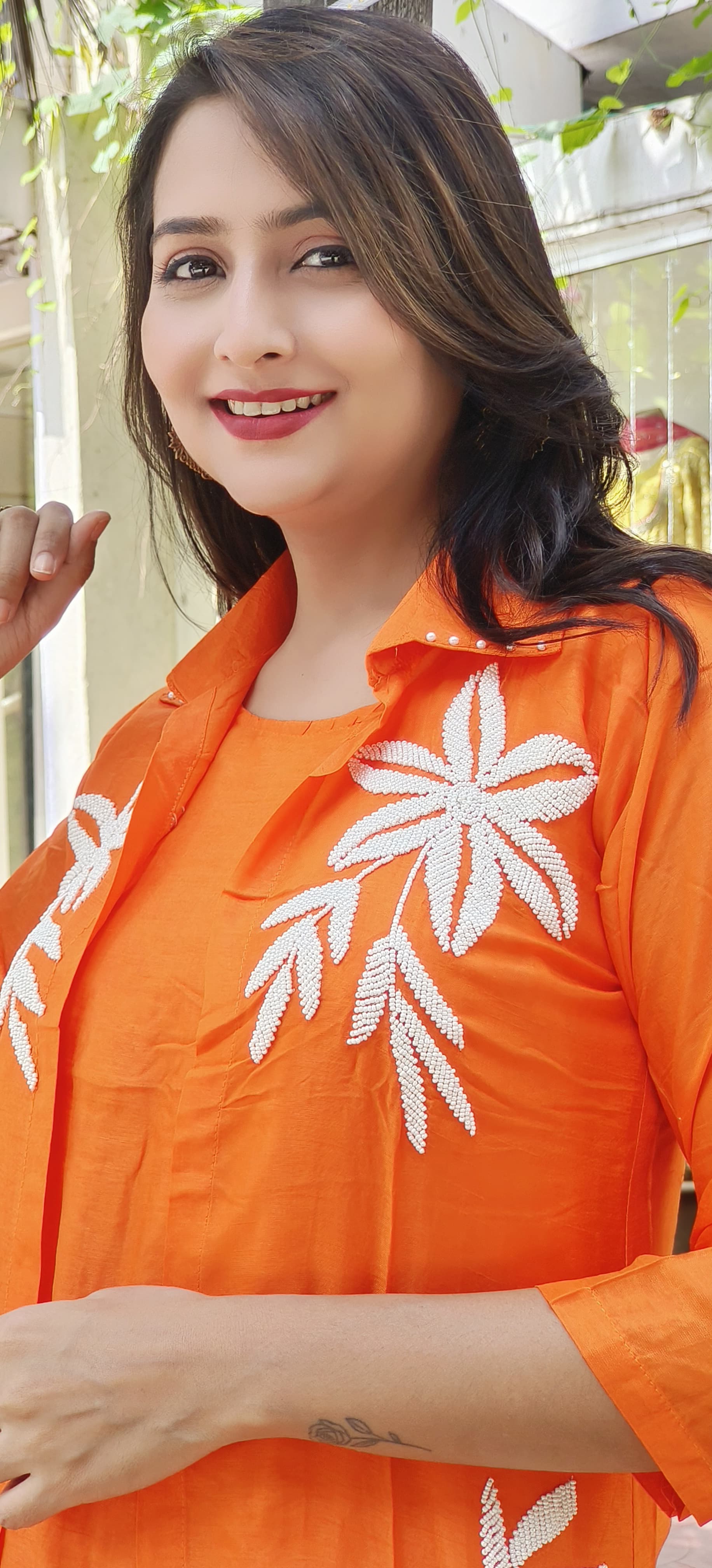 Stylish Pearl Hand Embroidered Silk Three Piece Jacket Inner And Pant Set