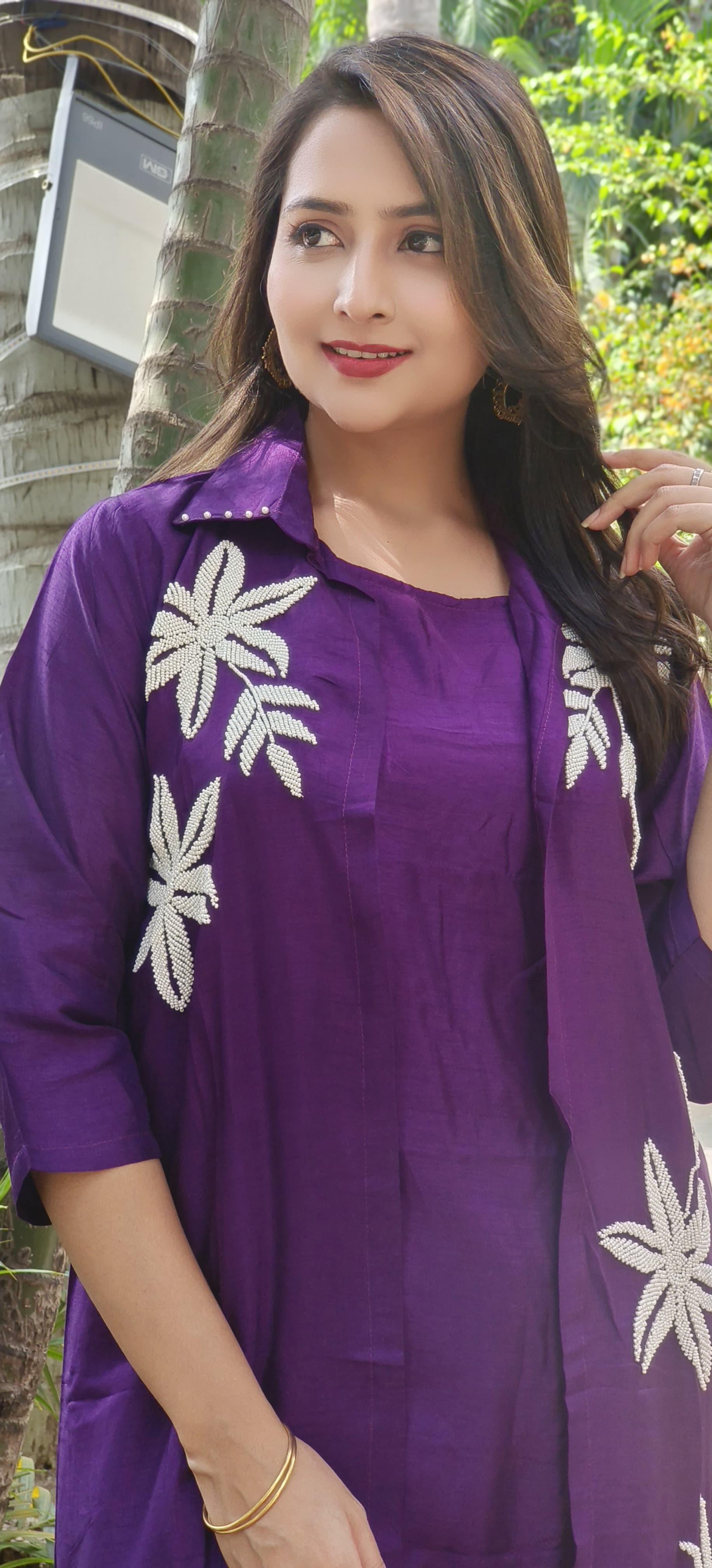 Stylish Pearl Hand Embroidered Silk Three Piece Jacket Inner And Pant Set