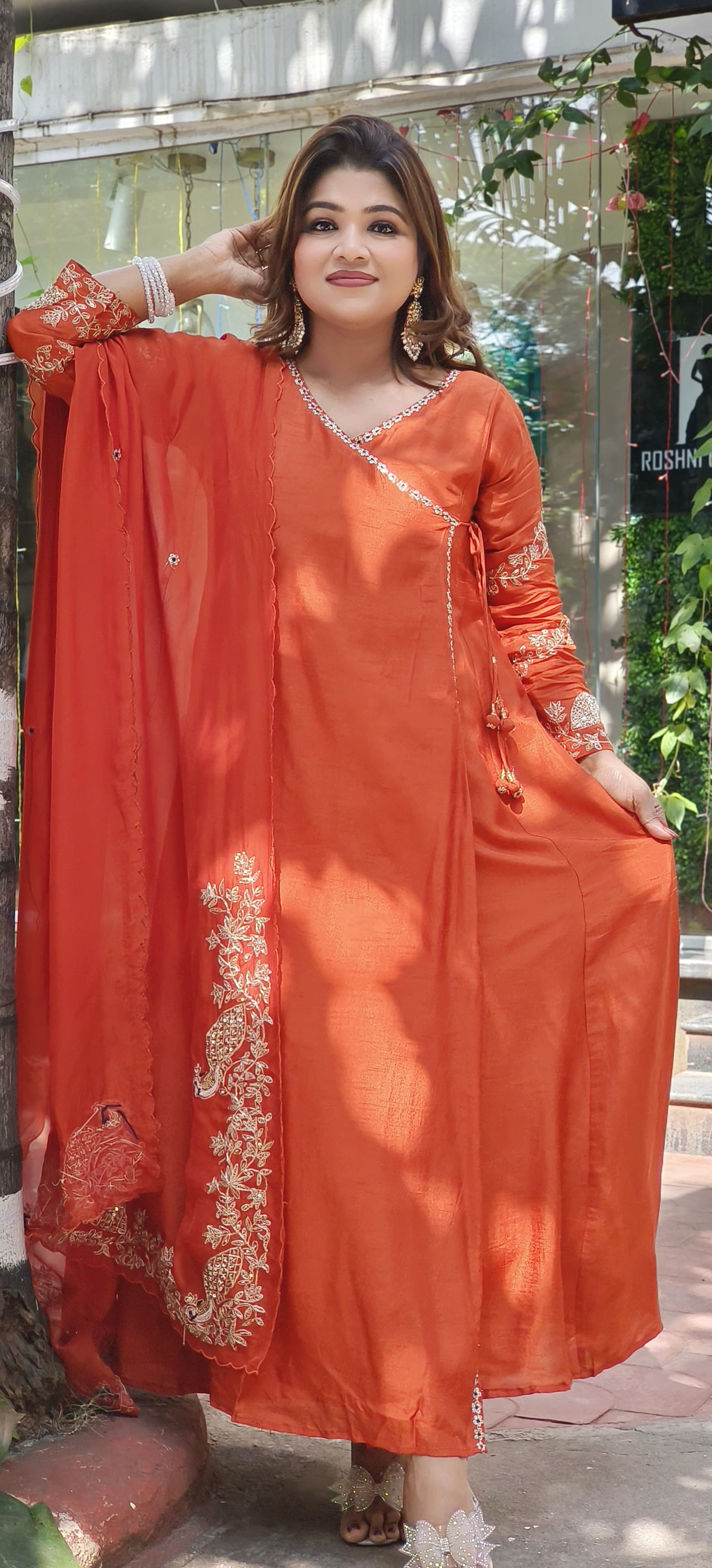 Designer Silk Angrakha Pattern Zardosi Work Anarkali With Pants And Zardosi organza Dupatta-07742-43