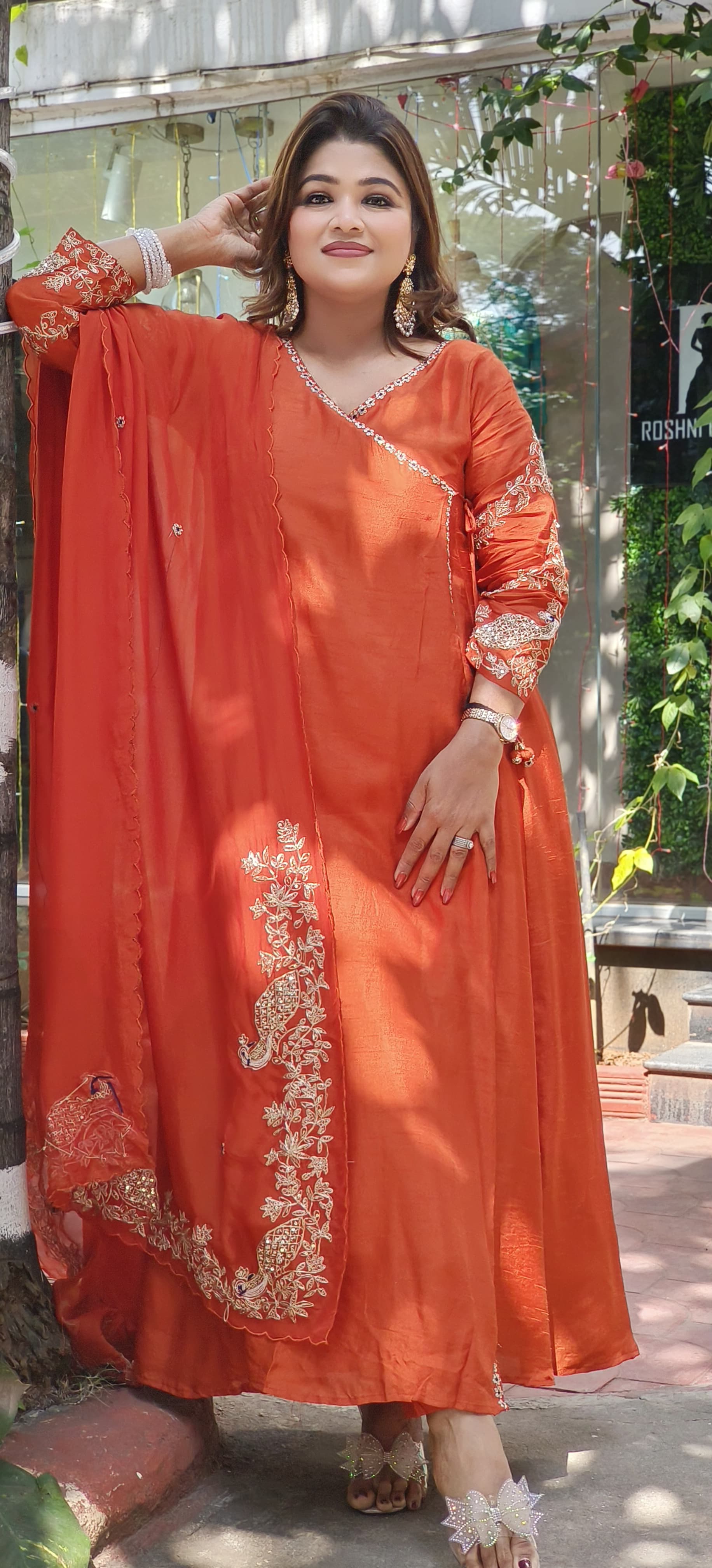 Designer Silk Angrakha Pattern Zardosi Work Anarkali With Pants And Zardosi organza Dupatta-07742-43