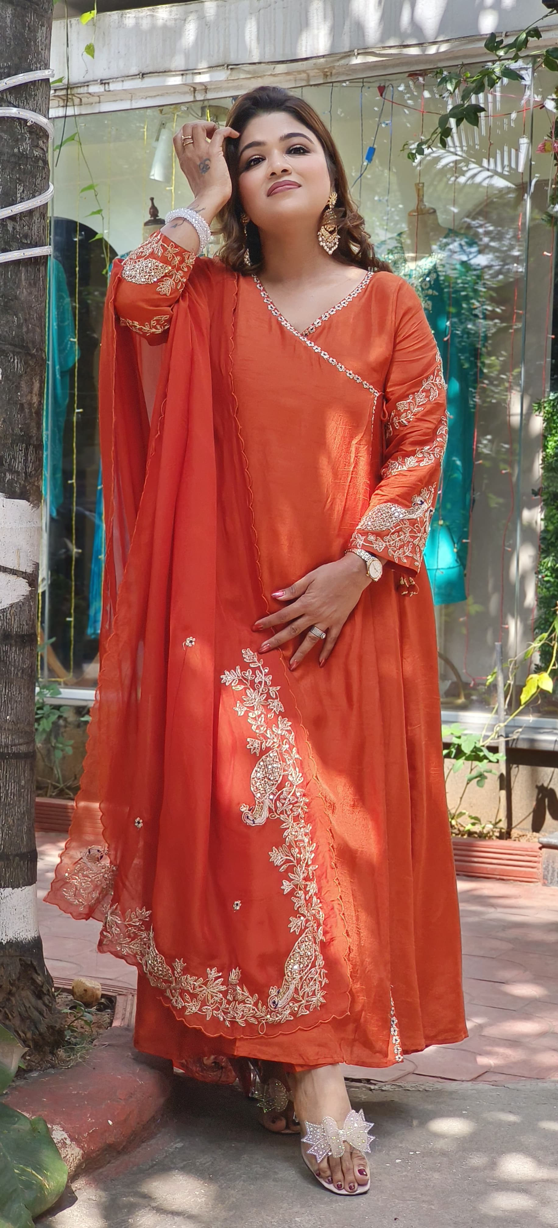 Designer Silk Angrakha Pattern Zardosi Work Anarkali With Pants And Zardosi organza Dupatta-07742-43