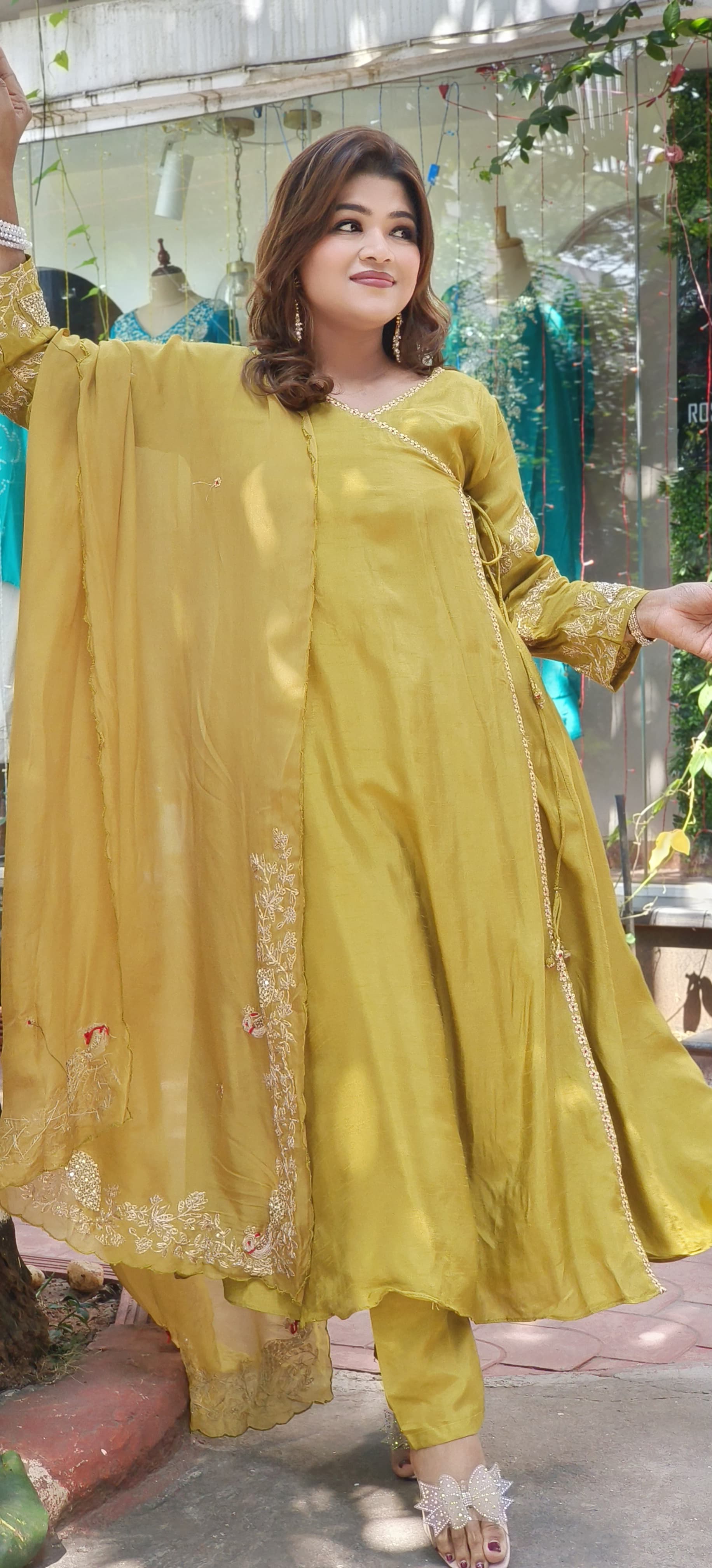 Designer Silk Angrakha Pattern Zardosi Work Anarkali With Pants And Zardosi organza Dupatta-07742-43