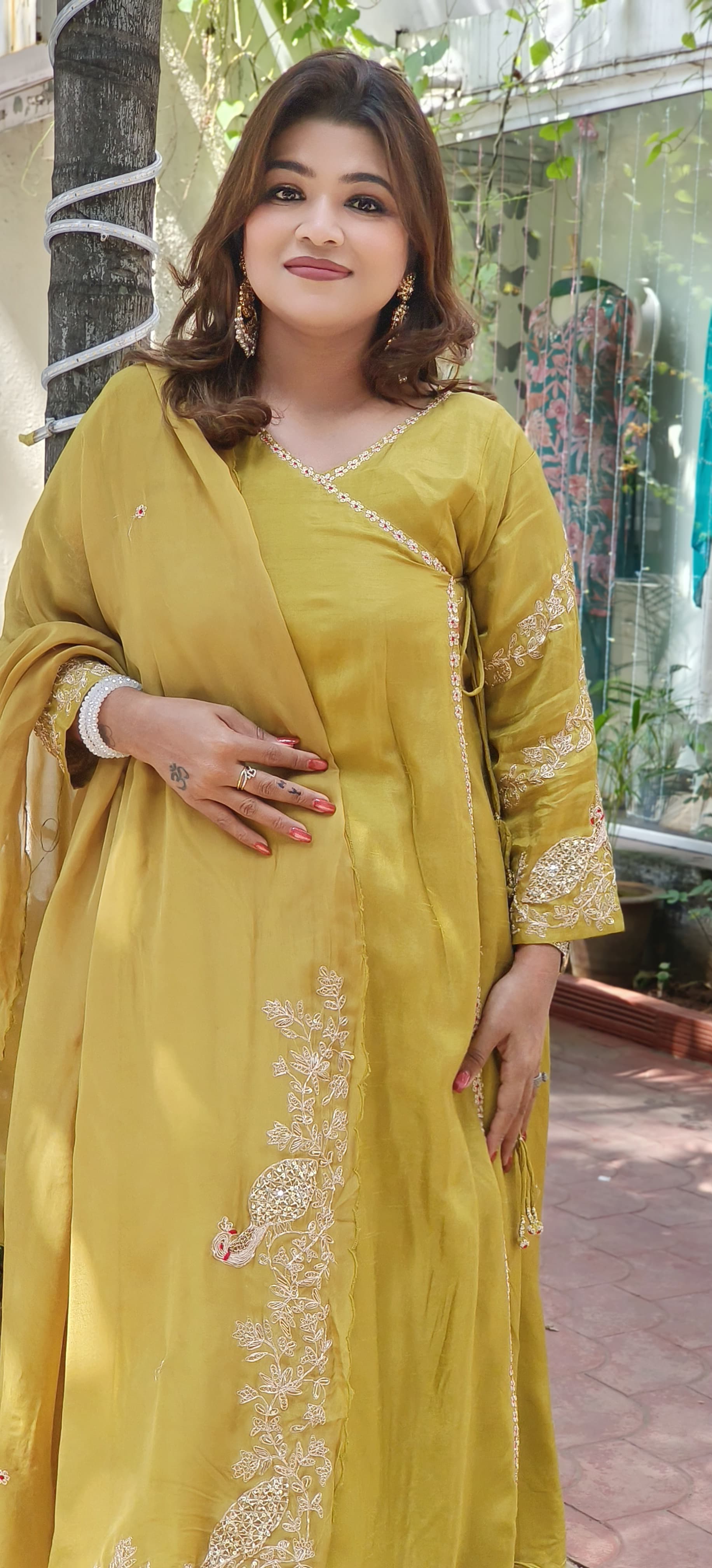 Designer Silk Angrakha Pattern Zardosi Work Anarkali With Pants And Zardosi organza Dupatta-07742-43