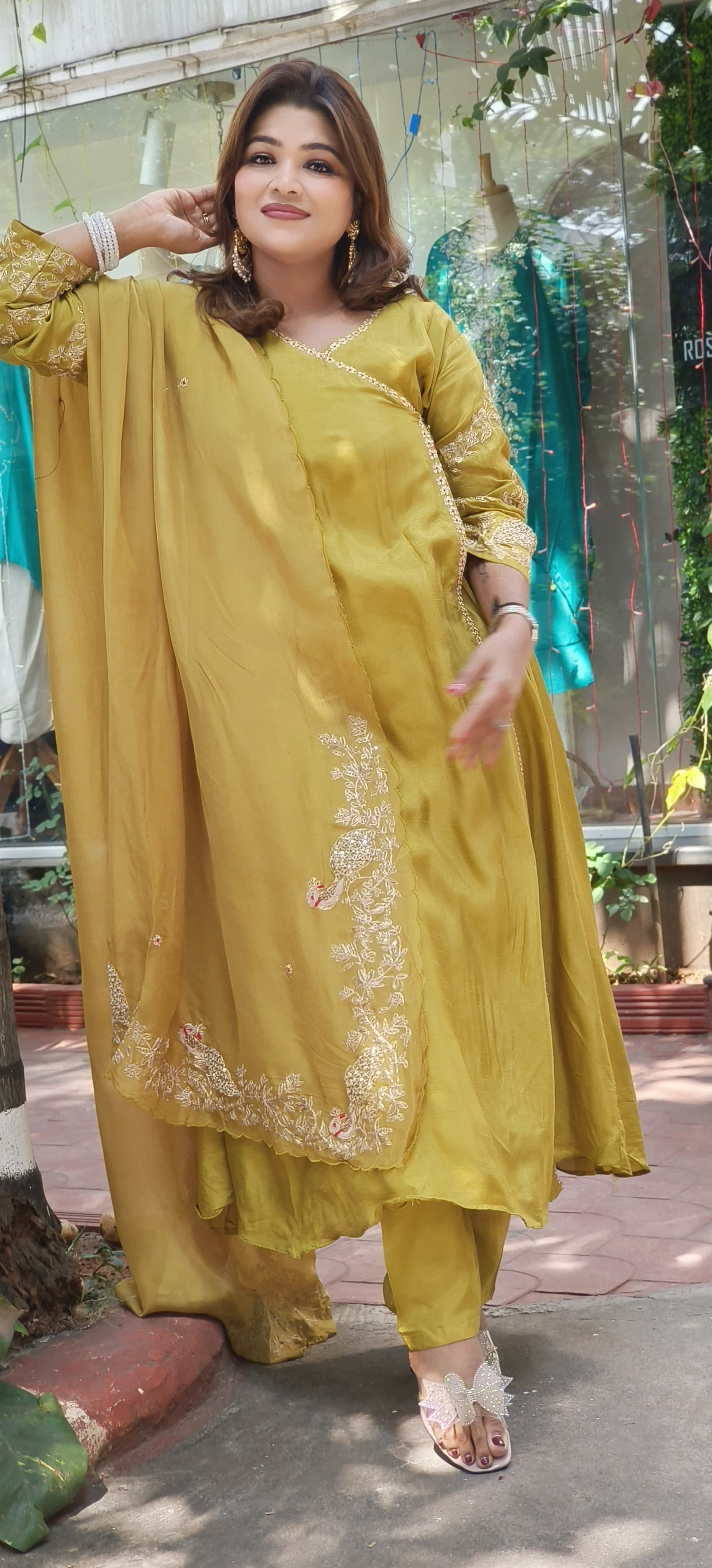 Designer Silk Angrakha Pattern Zardosi Work Anarkali With Pants And Zardosi organza Dupatta-07742-43