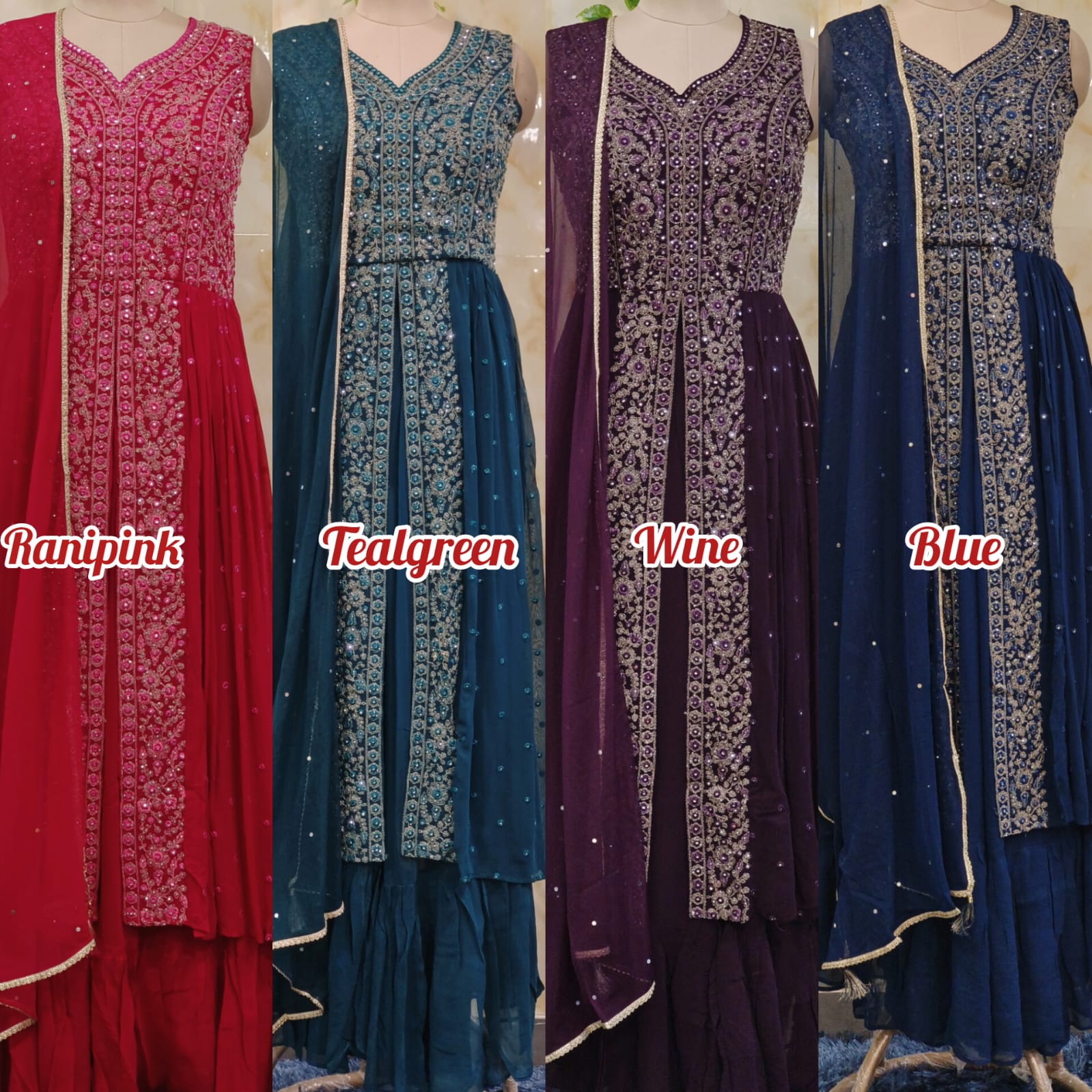 Sleeveless Partywear Georgette Embroidered Kurta Loose Pant with Dupatta