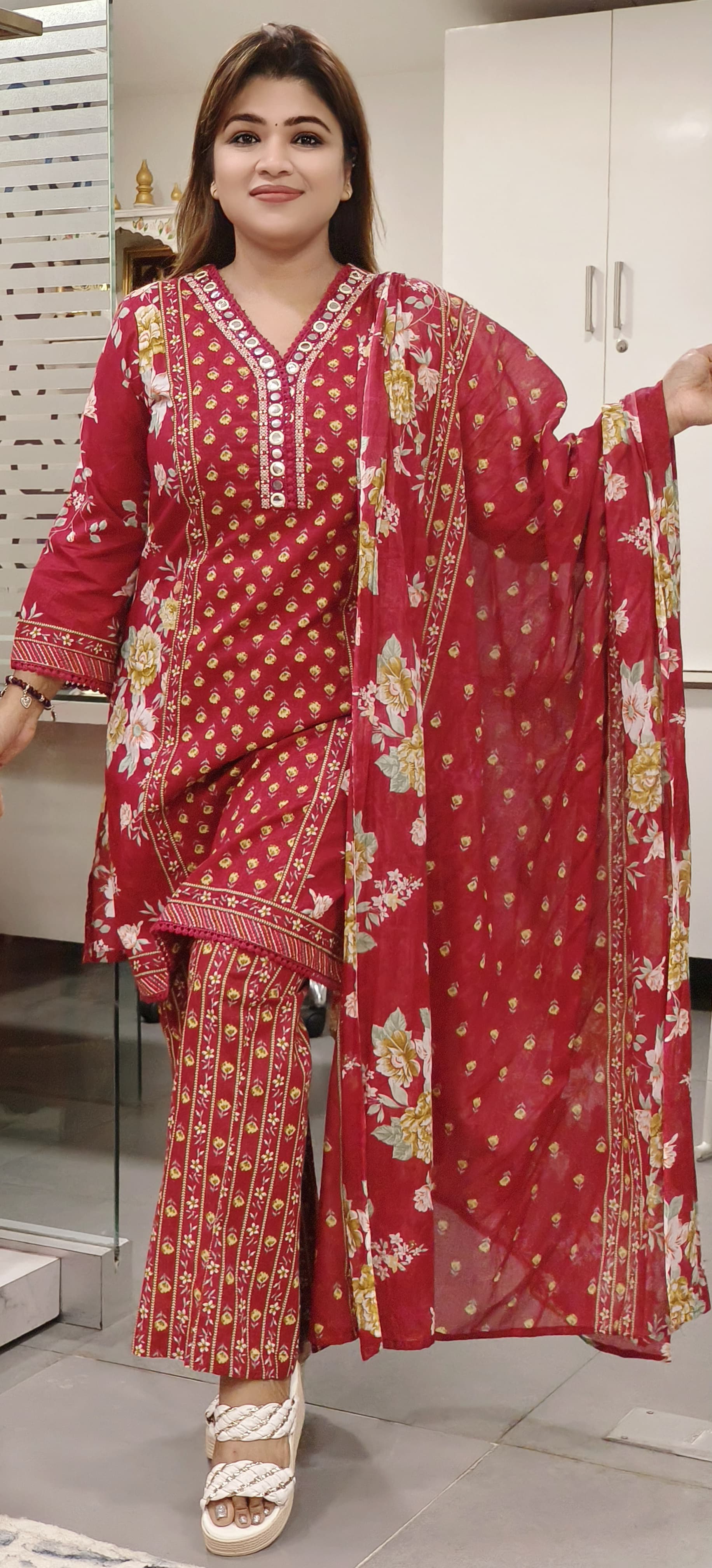 Cotton V-neck Flower Printed Kurta Pant And Dupatta-07929-30