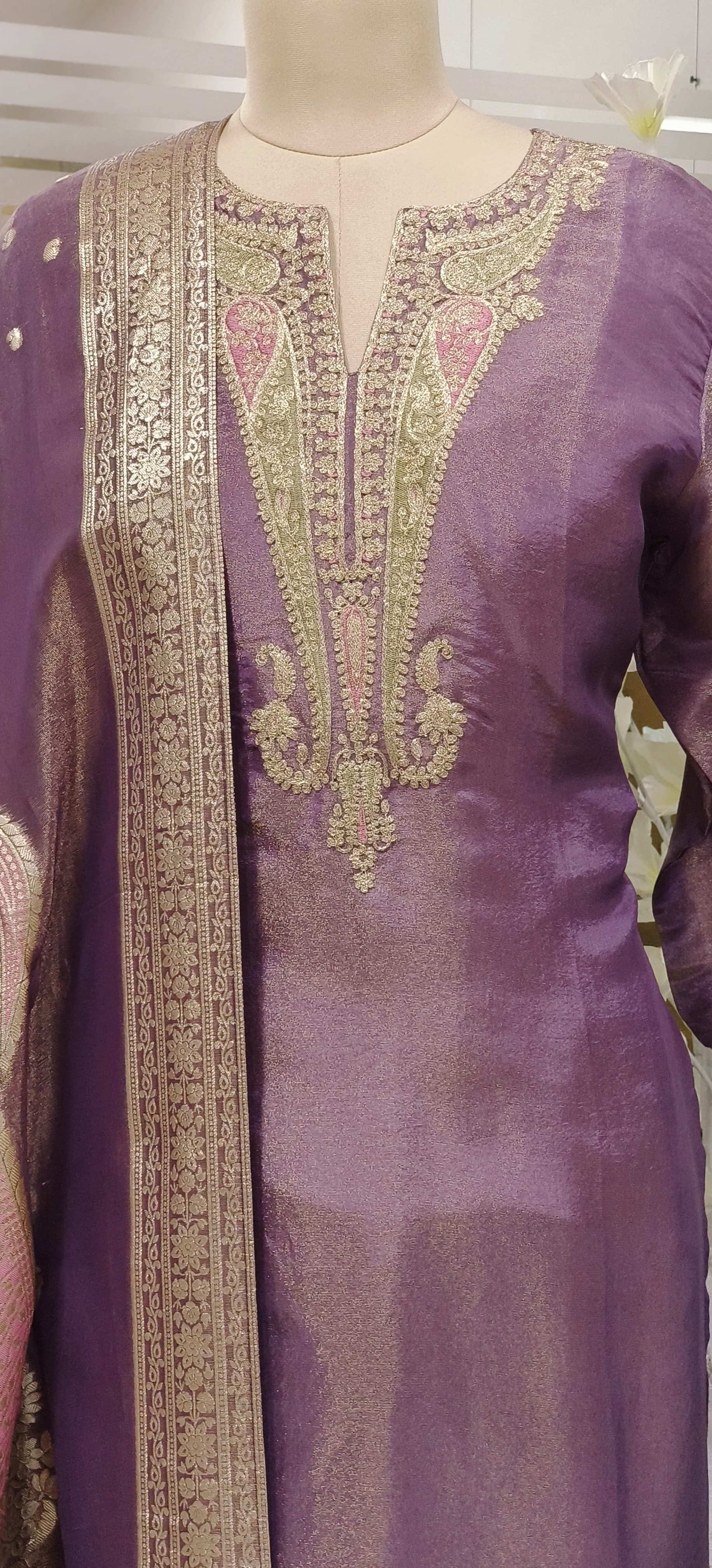 Tissue Silk Neck Zardosi Work Full Set DRYWASHONLY-06663