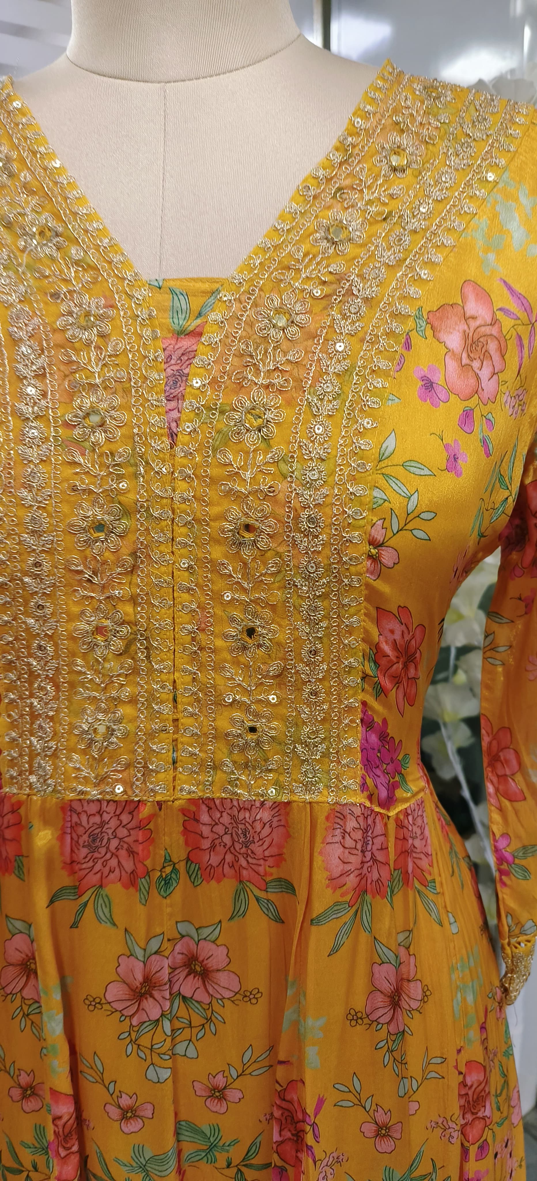 Beautiful Zardozi Neck Work Floral Printed Anarkali, Pant and Printed Dupatta-08078