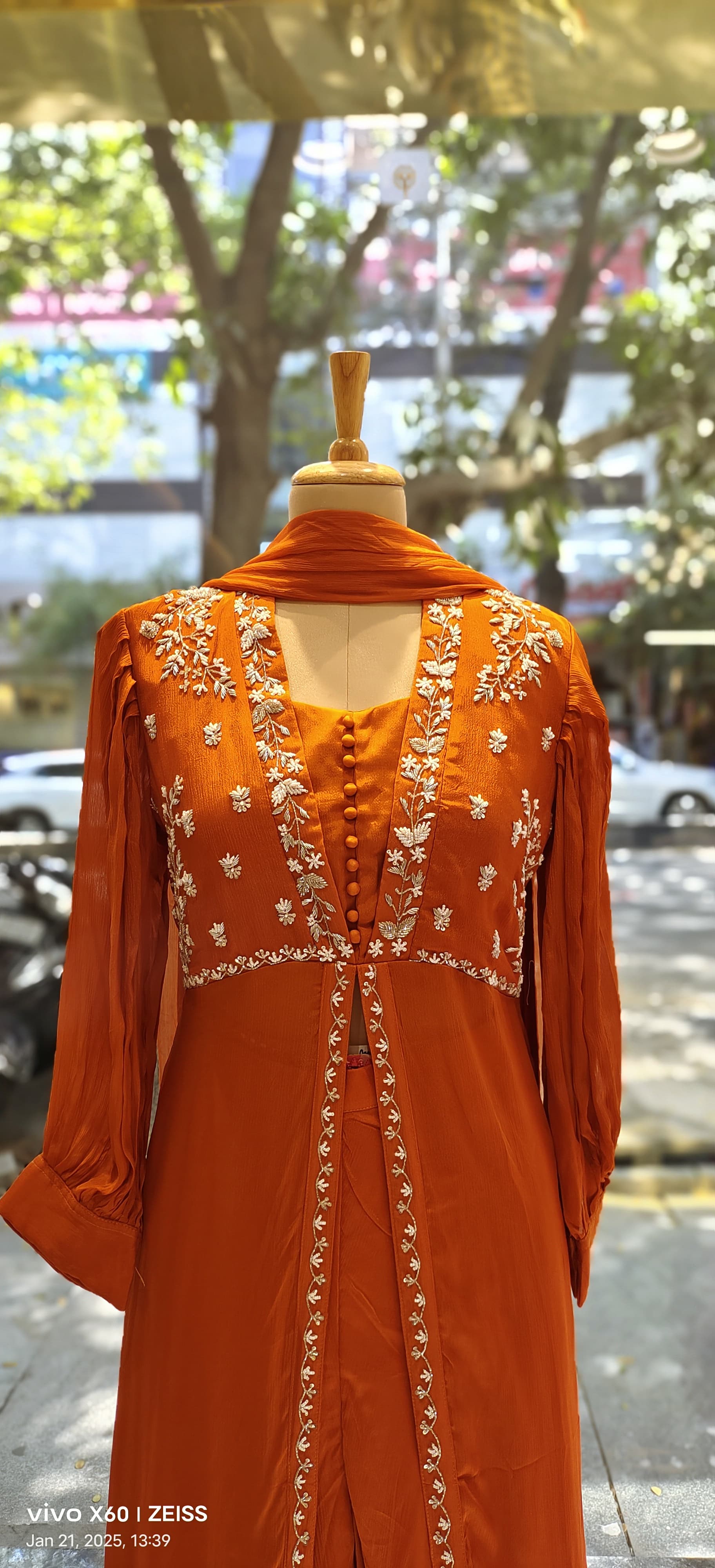Stylish Party Wear Cut dana embroidery front slit Chinon Full suit With palazzo and dupatta DRY WASH -06577