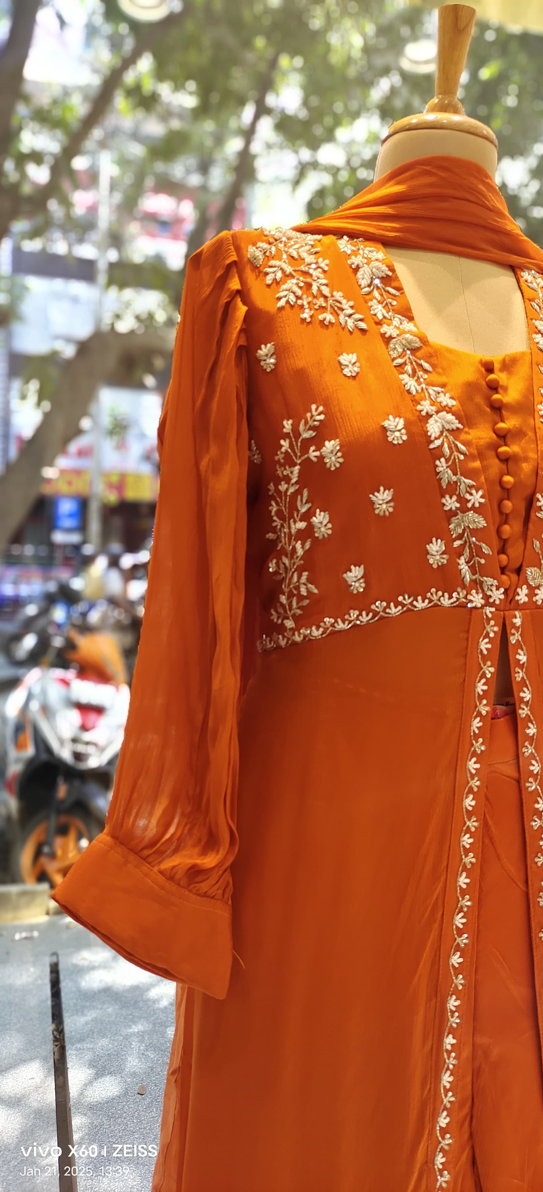 Stylish Party Wear Cut dana embroidery front slit Chinon Full suit With palazzo and dupatta DRY WASH -06577
