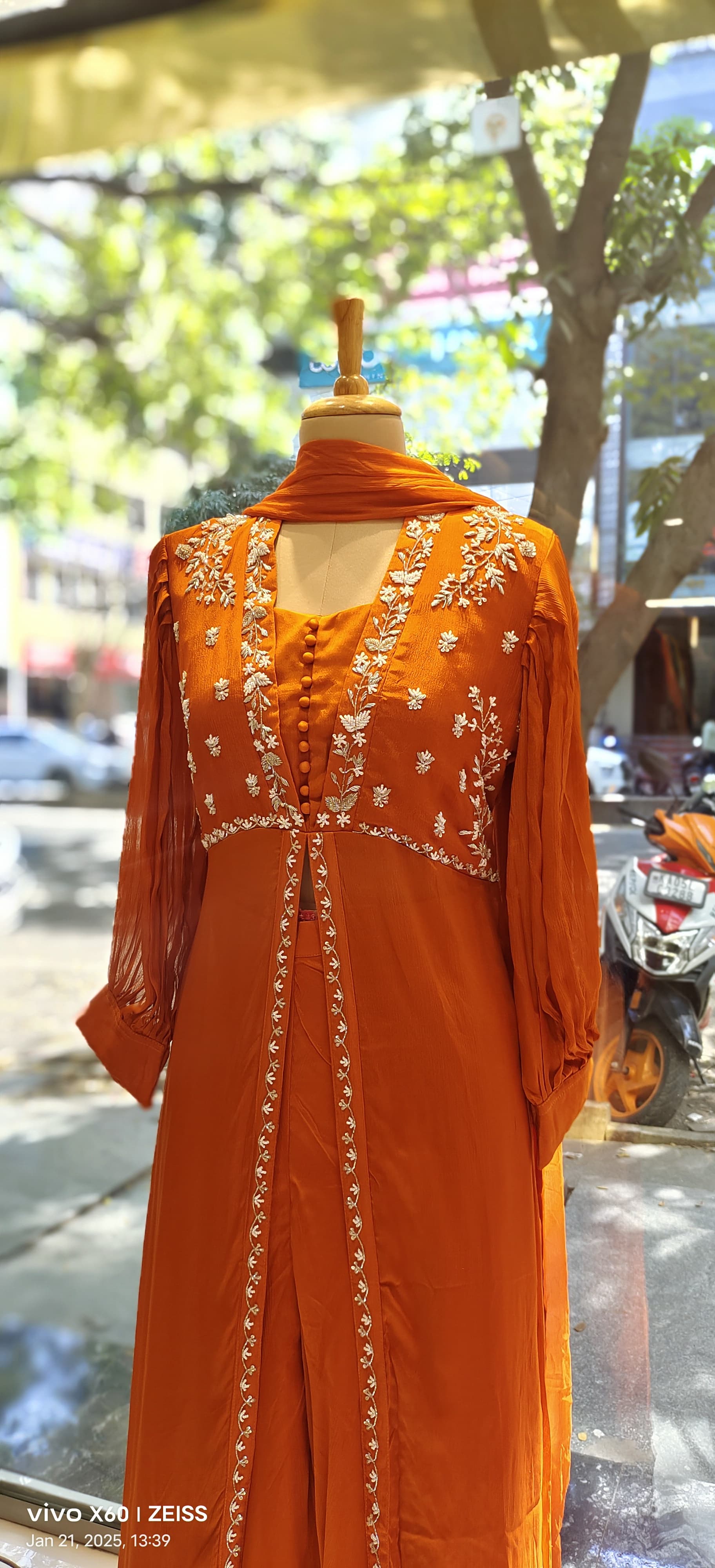 Stylish Party Wear Cut dana embroidery front slit Chinon Full suit With palazzo and dupatta DRY WASH -06577