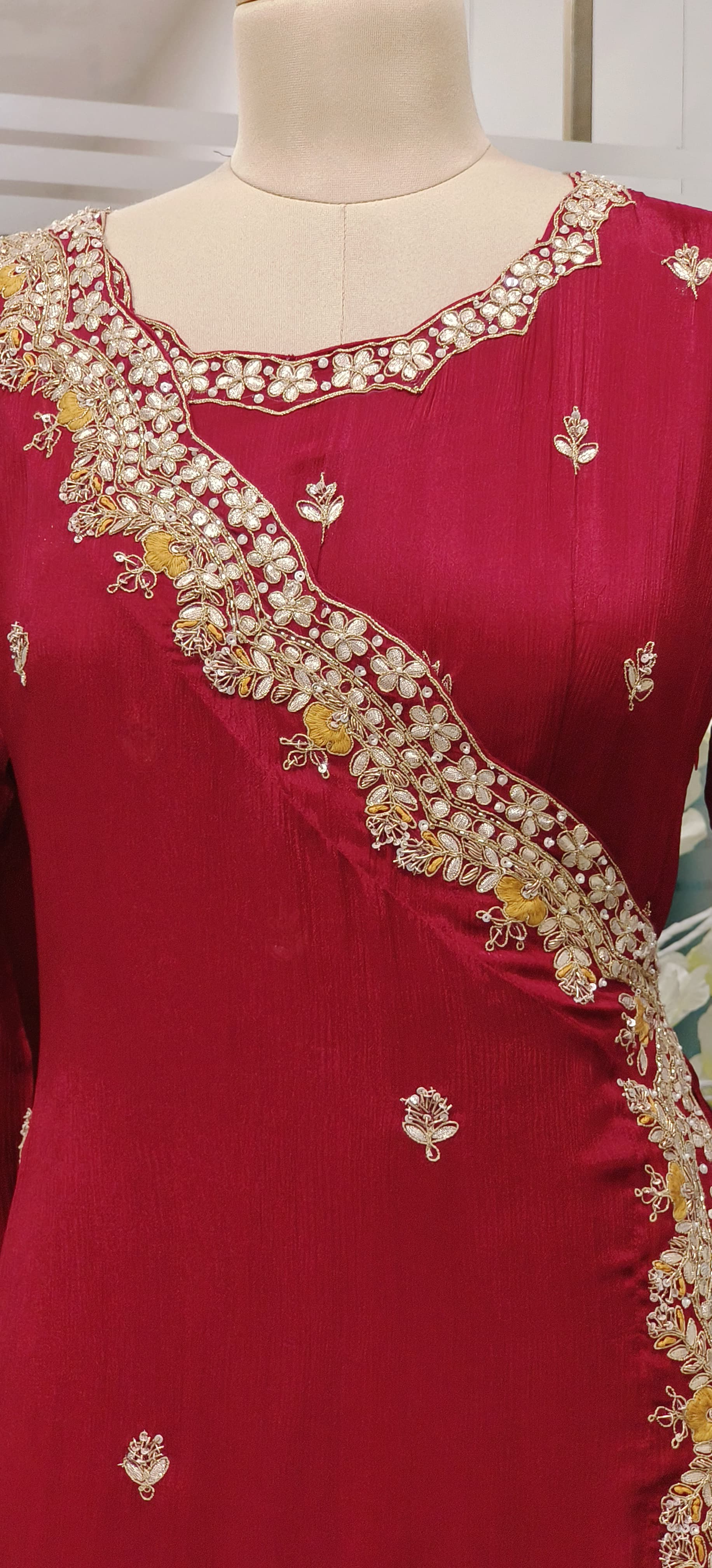 Designer Chinon Angrakha Pattern Zardosi hand embroidered Work Gown with flap style Gown