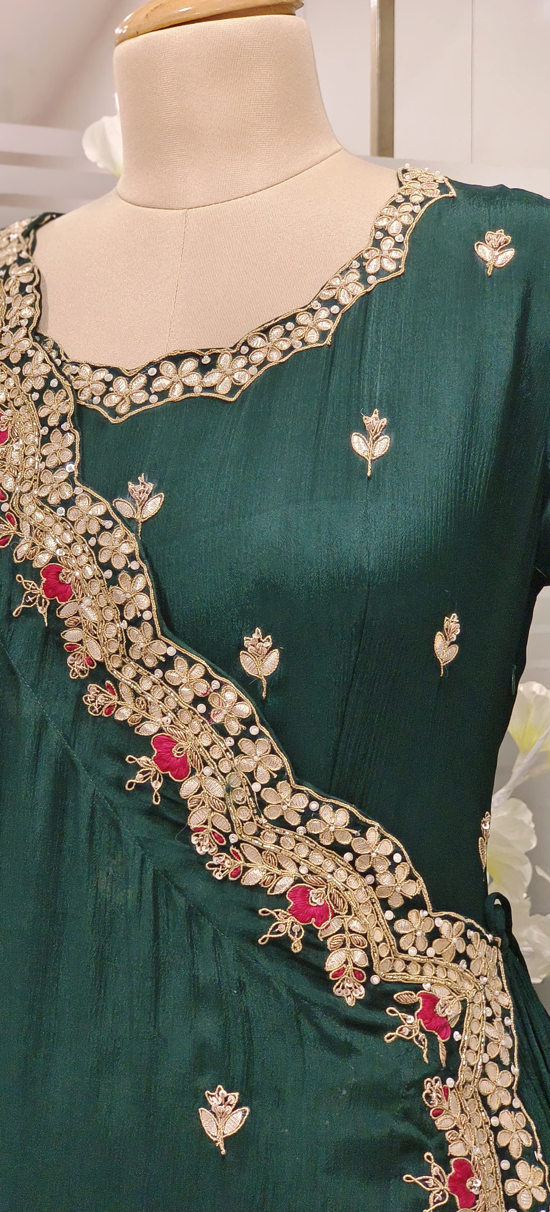 Designer Chinon Angrakha Pattern Zardosi hand embroidered Work Gown with flap style Gown