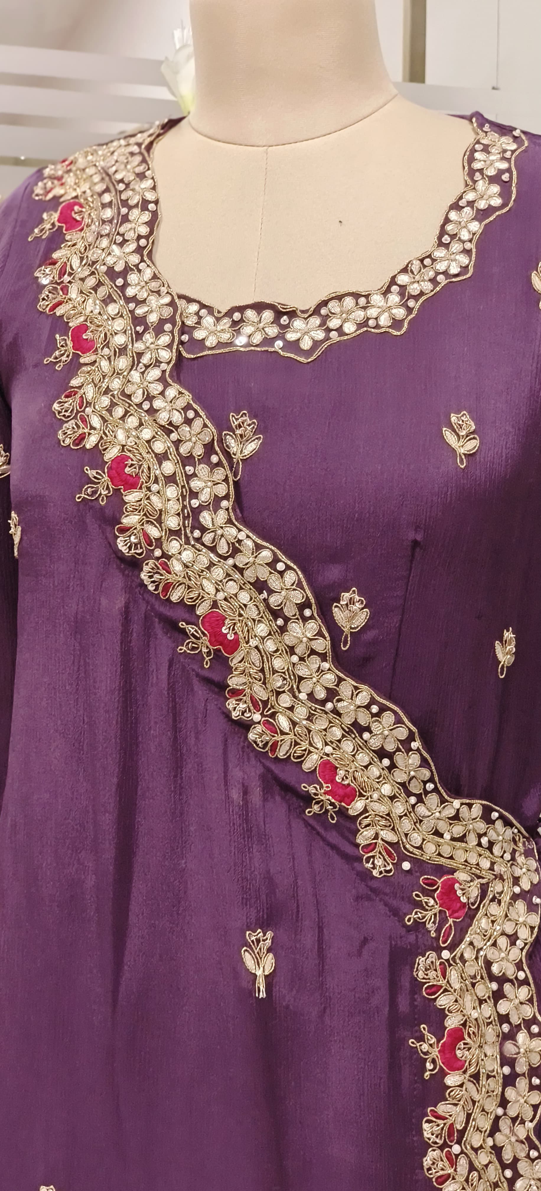 Designer Chinon Angrakha Pattern Zardosi hand embroidered Work Gown with flap style Gown