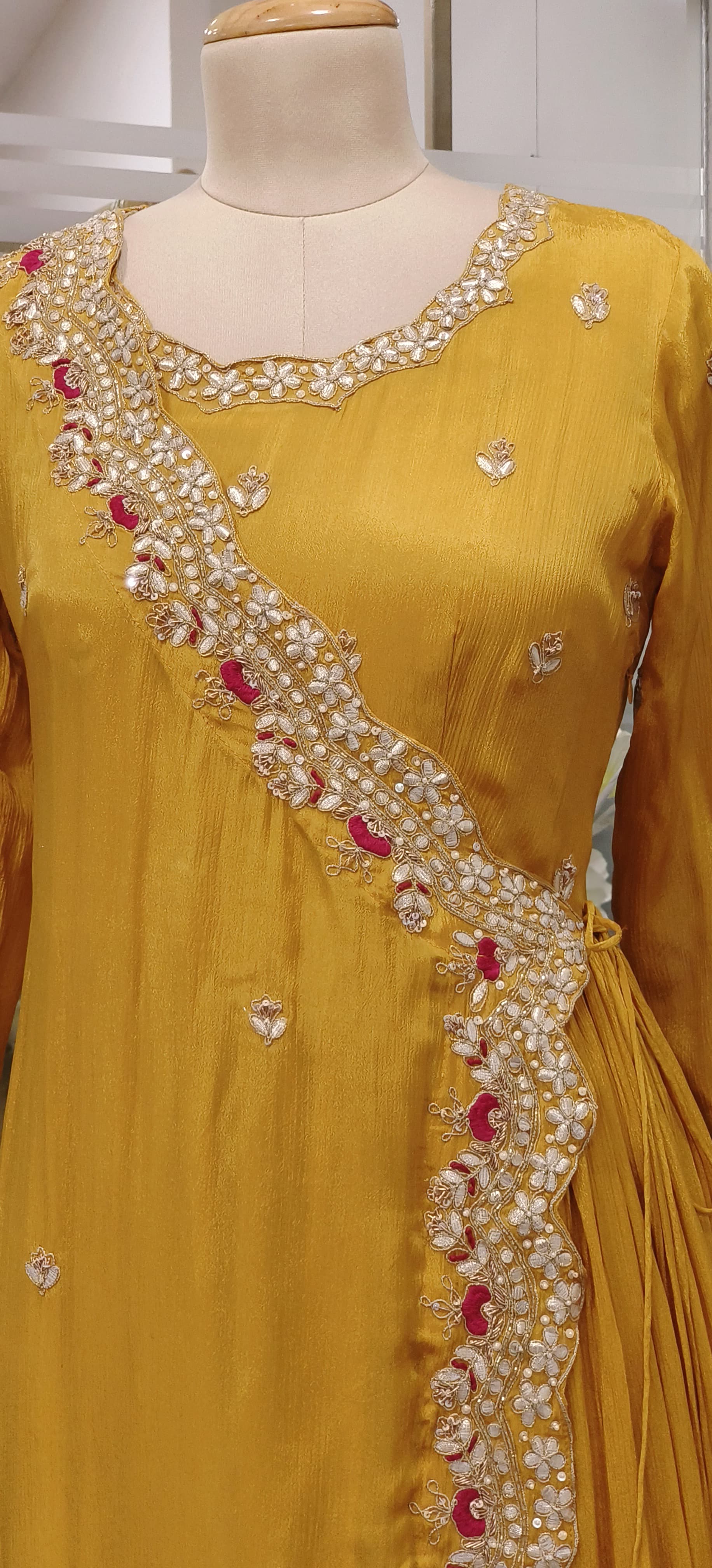 Designer Chinon Angrakha Pattern Zardosi hand embroidered Work Gown with flap style Gown