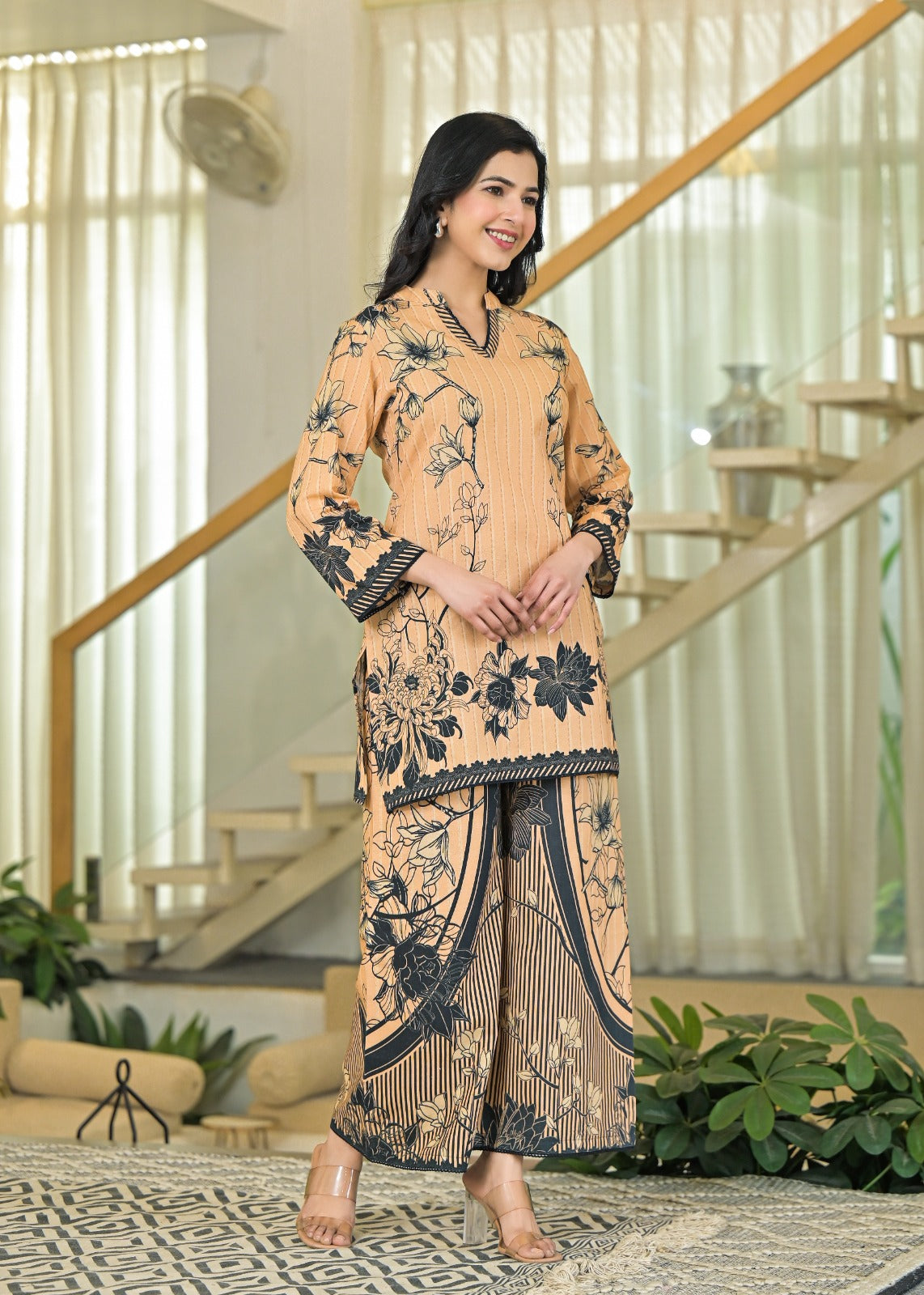 Pure Cotton V-Neck Floral Printed Kurta Pant-08347