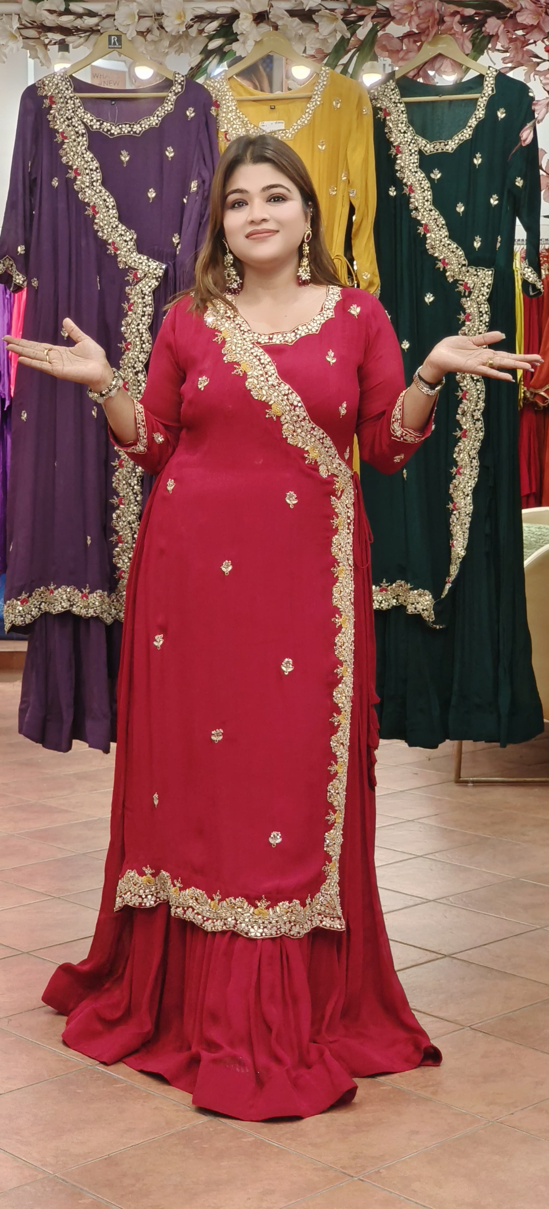 Designer Chinon Angrakha Pattern Zardosi hand embroidered Work Gown with flap style Gown