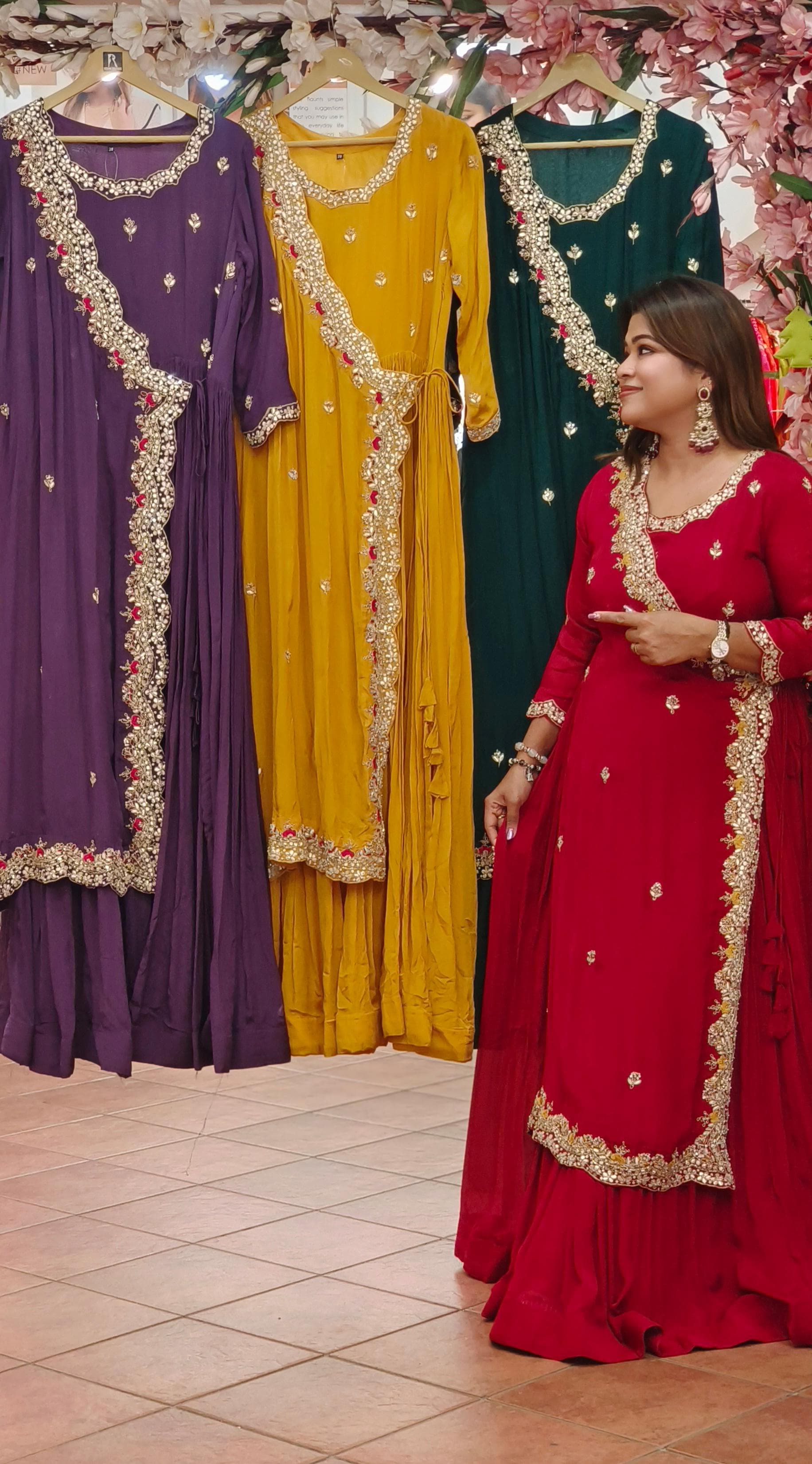 Designer Chinon Angrakha Pattern Zardosi hand embroidered Work Gown with flap style Gown