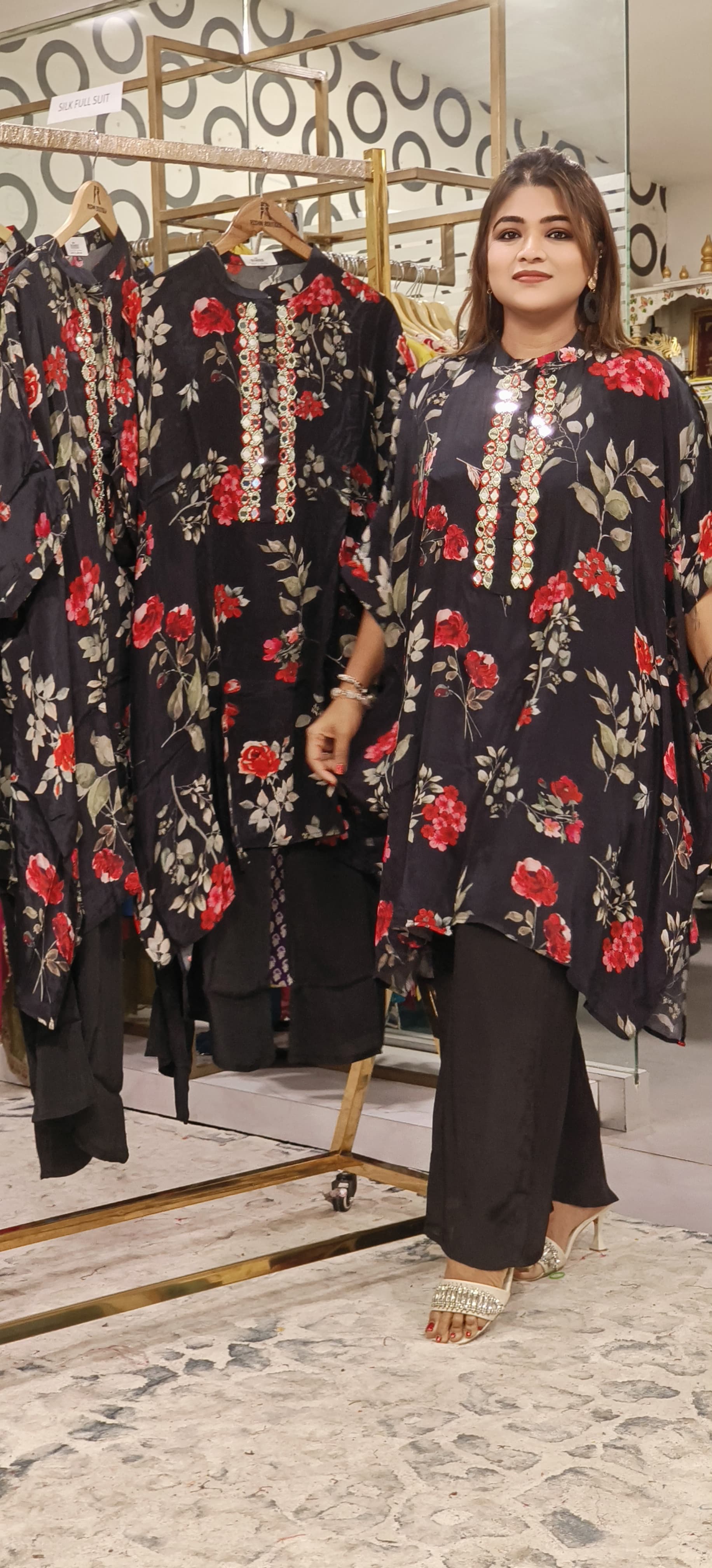 Elegant Floral Print Mirror Embroidered Kaftan With Matching Bottom-08593