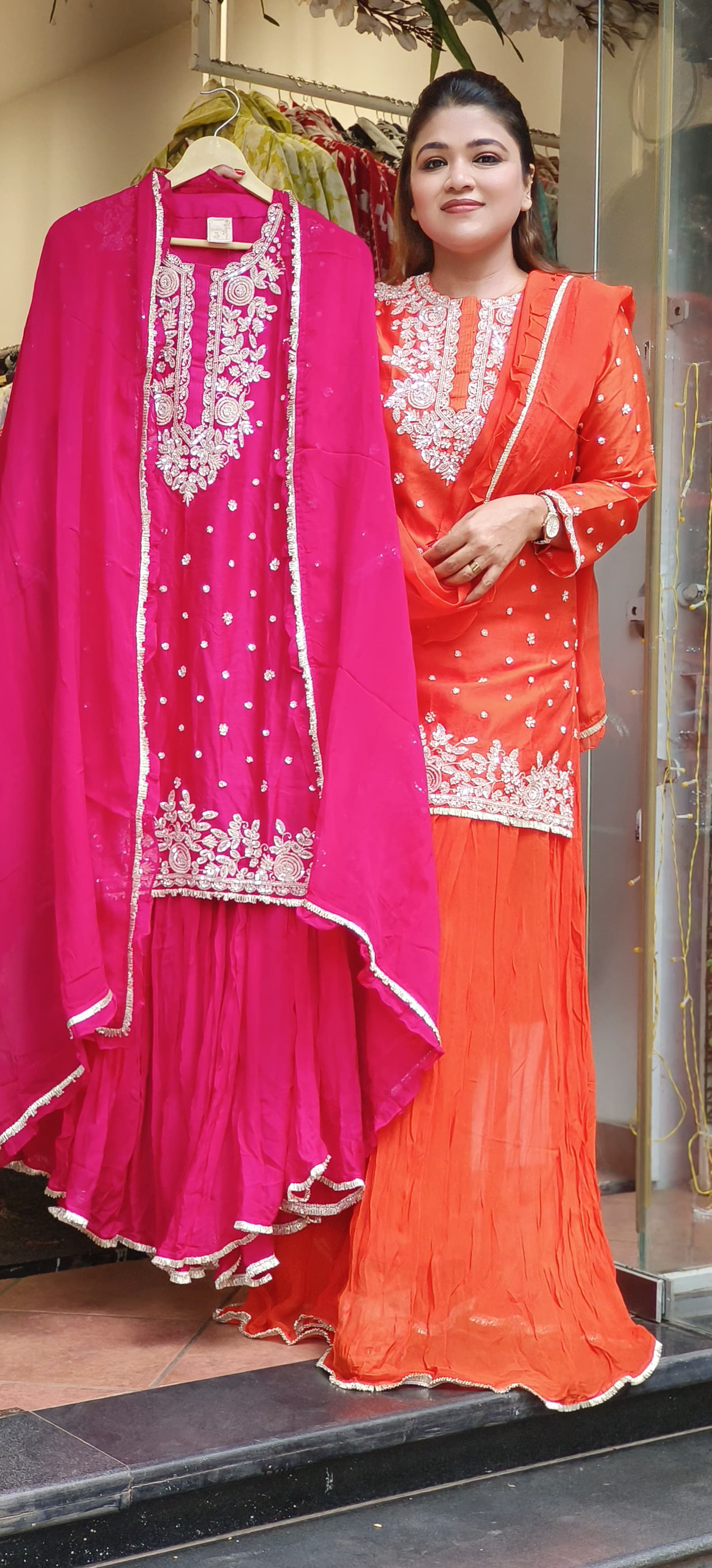 Stunning Ethnic Silk Kurta with Tara Embellishment, Flared Georgette Sharara, and Georgette Ruffle Dupatta-08723