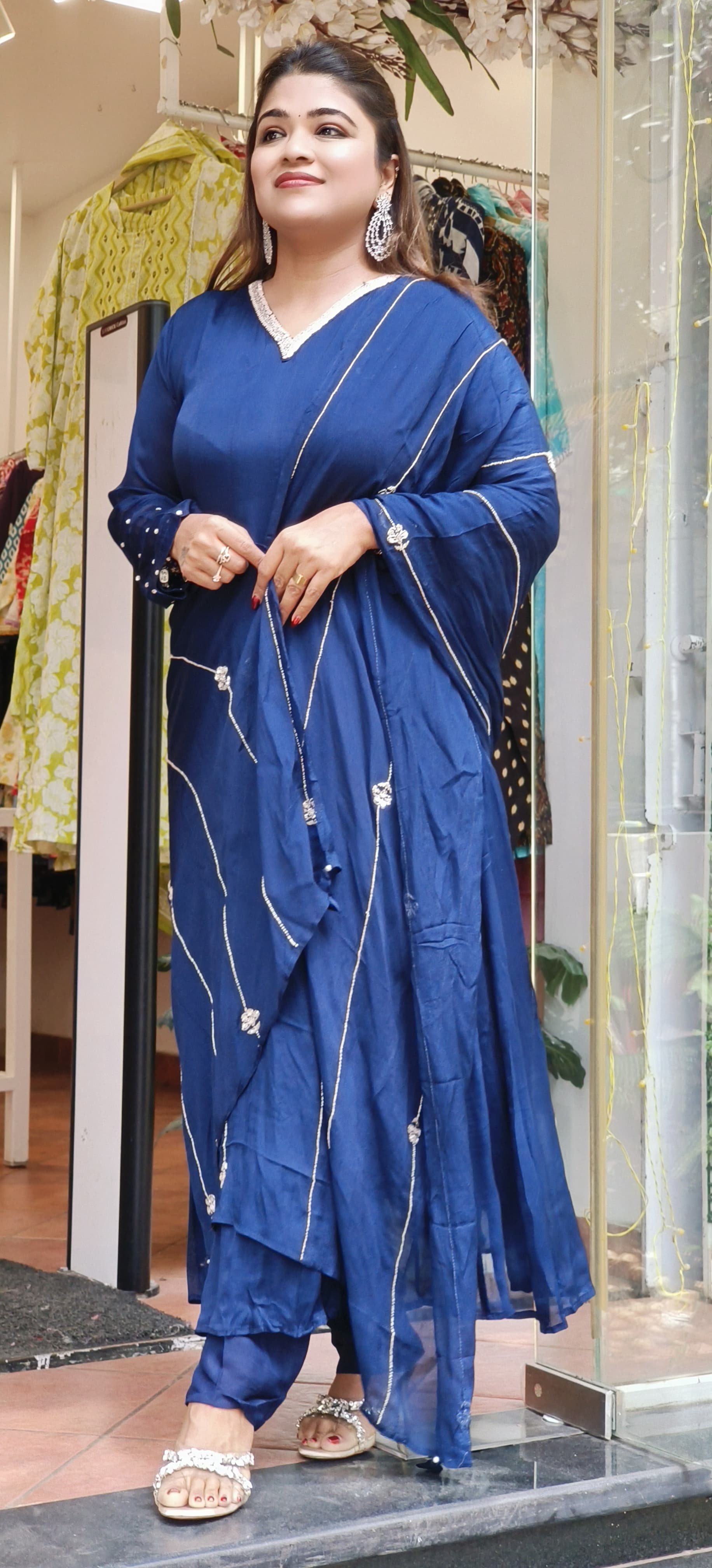 Beautiful Chinon V-Neck Sequence Embroidery Panel Cut Anarkali Full Set-08722-08721