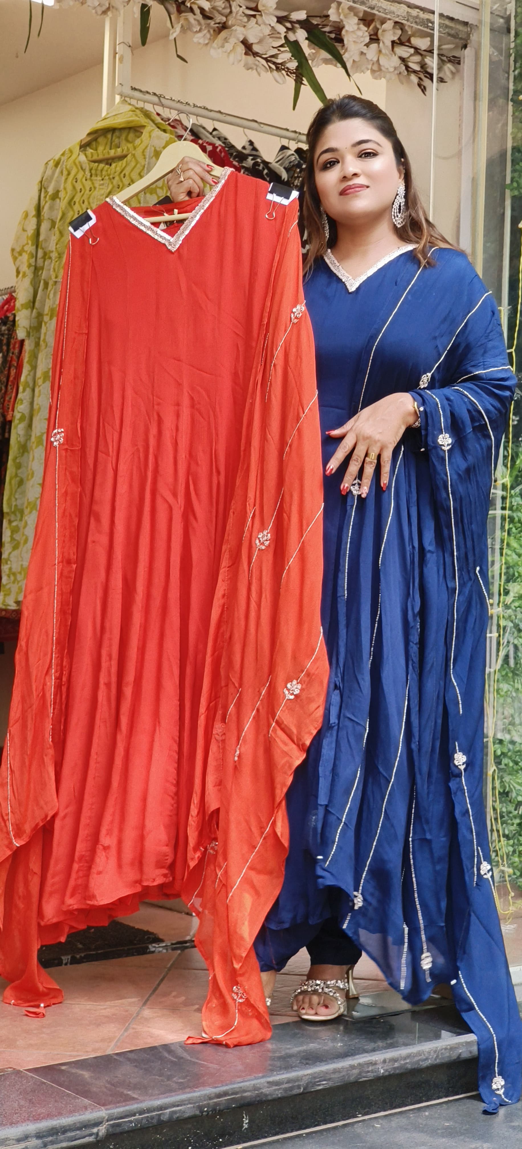 Beautiful Chinon V-Neck Sequence Embroidery Panel Cut Anarkali Full Set-08722-08721